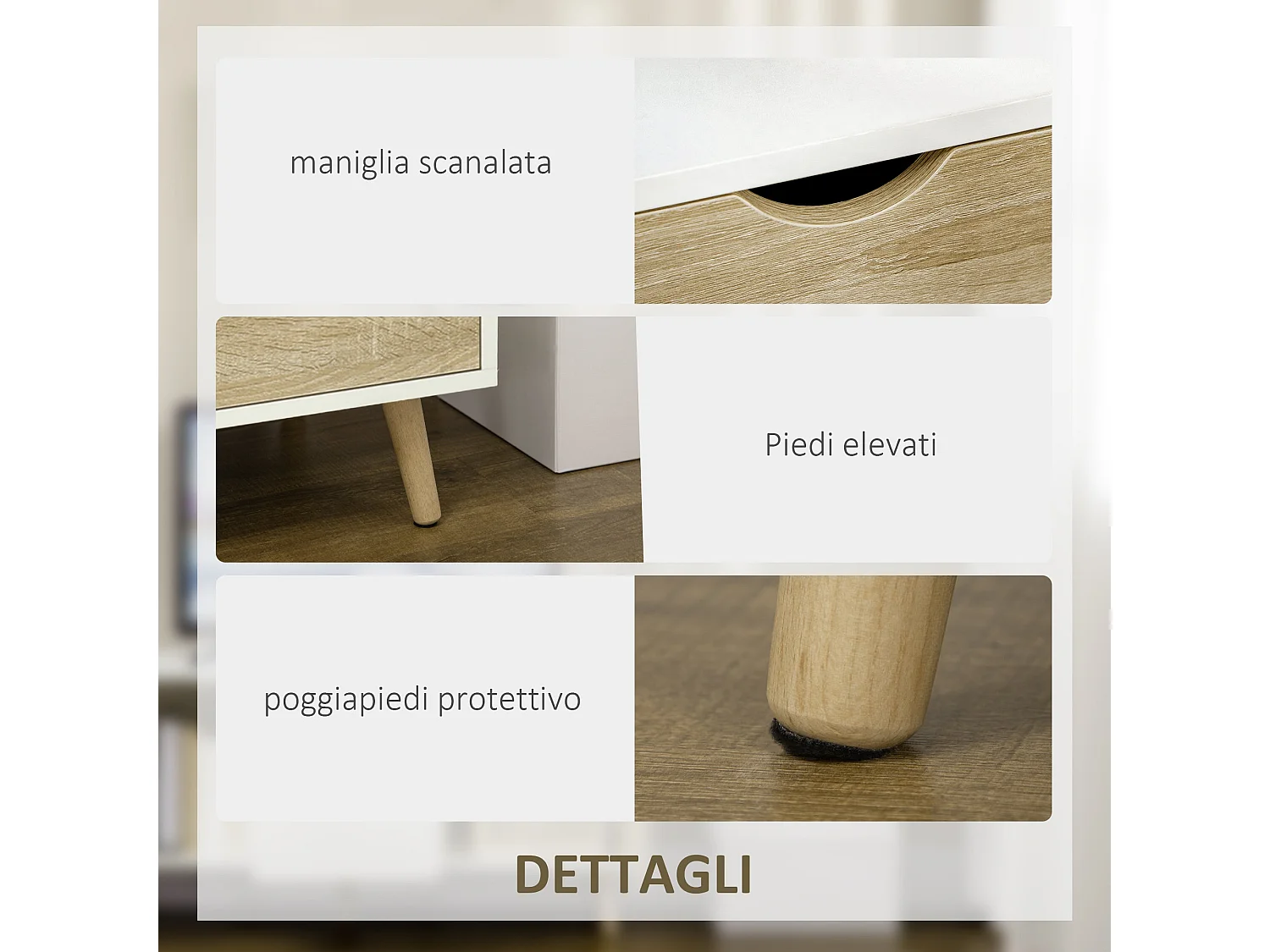 Meuble TV moderne pour téléviseur jusqu'à 50 pouces avec tiroir, étagère ouverte et 2 placards, pieds en pin massif (5 pieds), 110 x 40 x 50 cm, blanc et bois.