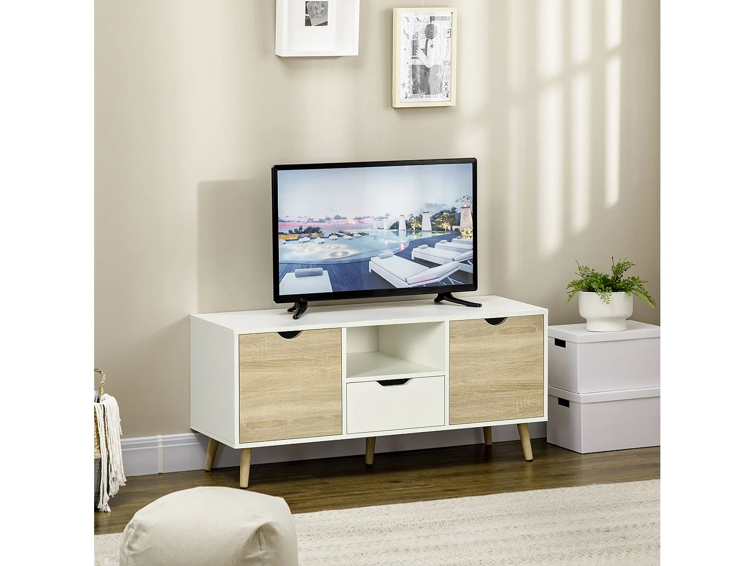 Meuble TV moderne pour téléviseur jusqu'à 50 pouces avec tiroir, étagère ouverte et 2 placards, pieds en pin massif (5 pieds), 110 x 40 x 50 cm, blanc et bois.