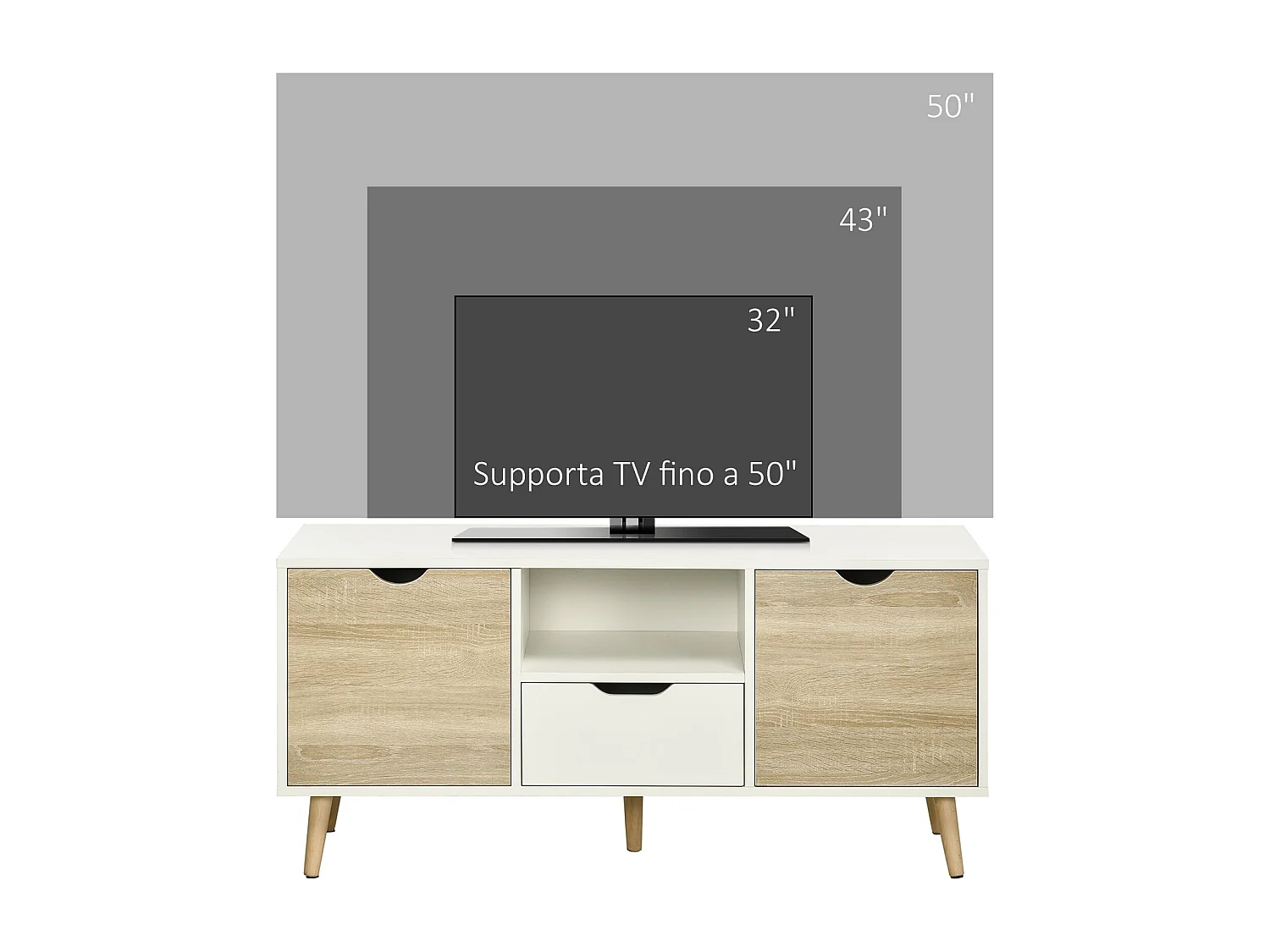 Meuble TV moderne pour téléviseur jusqu'à 50 pouces avec tiroir, étagère ouverte et 2 placards, pieds en pin massif (5 pieds), 110 x 40 x 50 cm, blanc et bois.