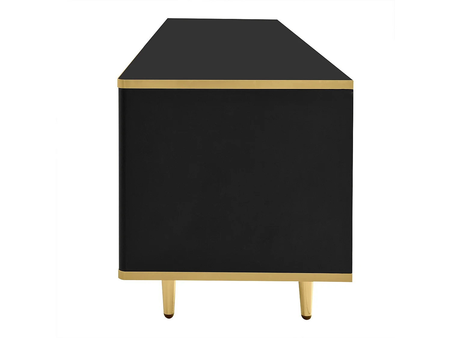 Meuble TV avec plateau bas à texture sculptée, poignées et pieds dorés, structure marbrée pour salon