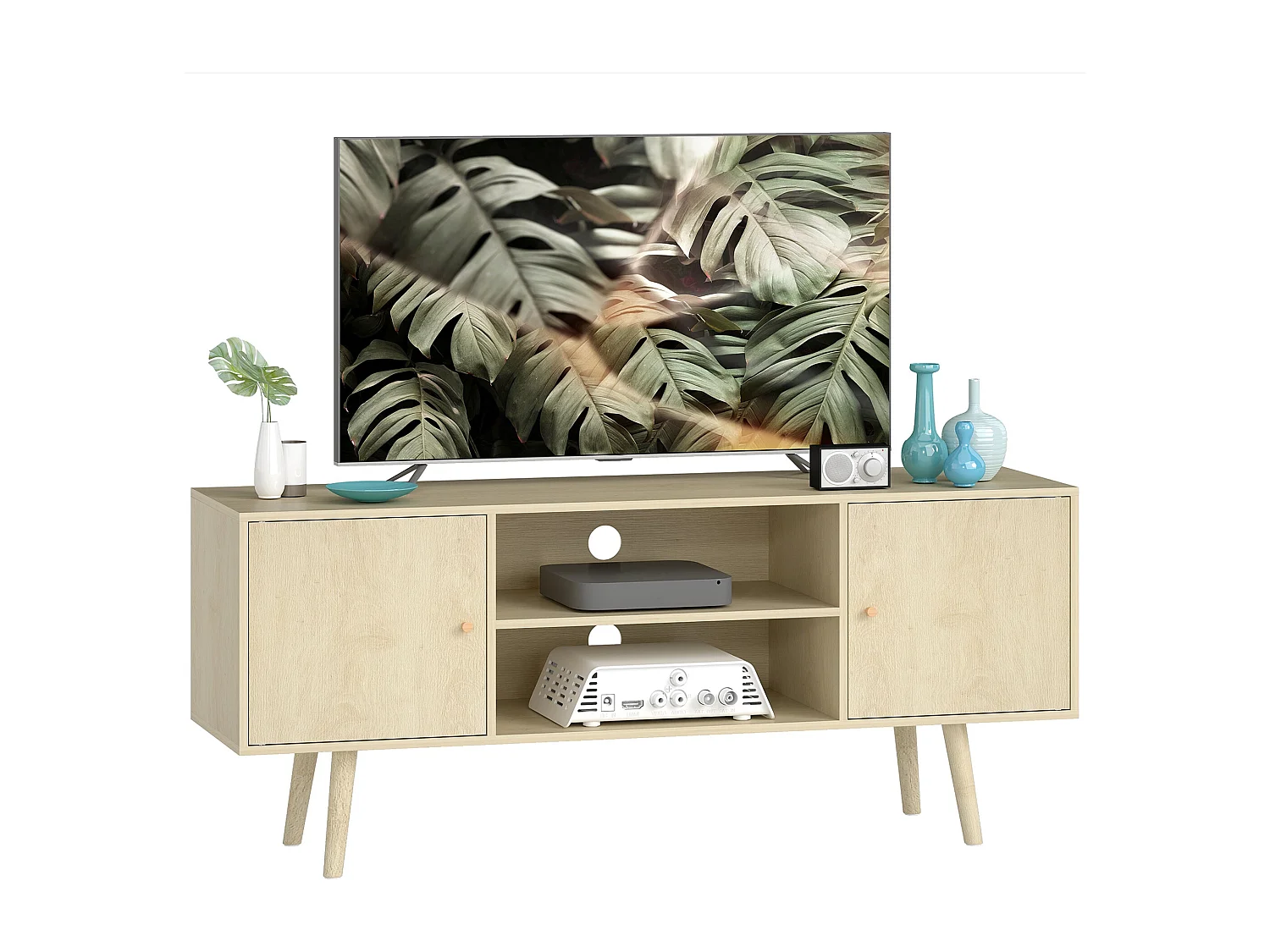 Meuble TV meuble télé pour téléviseur jusqu'à 55 pouces 2 placards et 2 étagères ouvertes 120x34x50cm effet bois naturel
