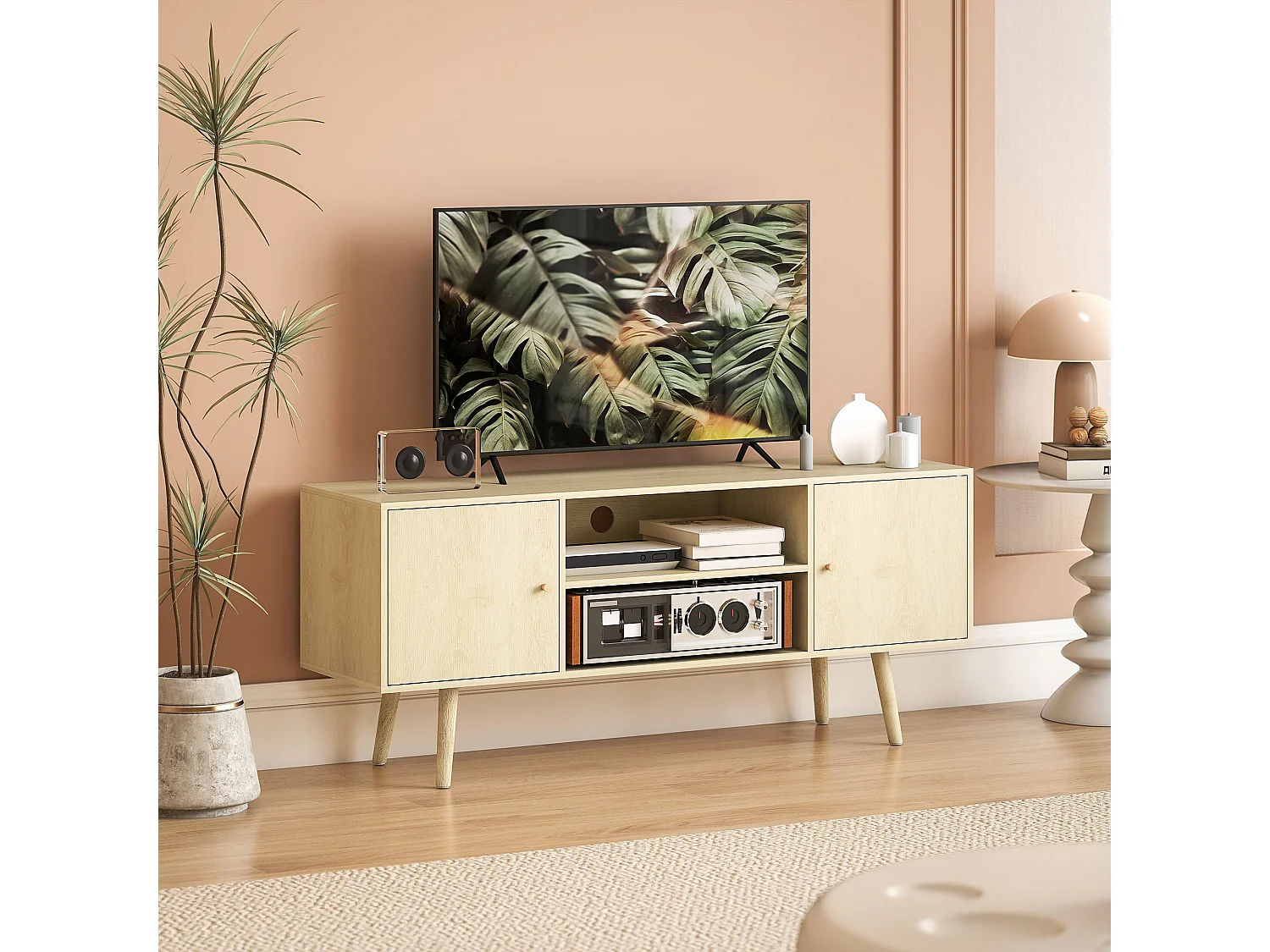 Meuble TV meuble télé pour téléviseur jusqu'à 55 pouces 2 placards et 2 étagères ouvertes 120x34x50cm effet bois naturel