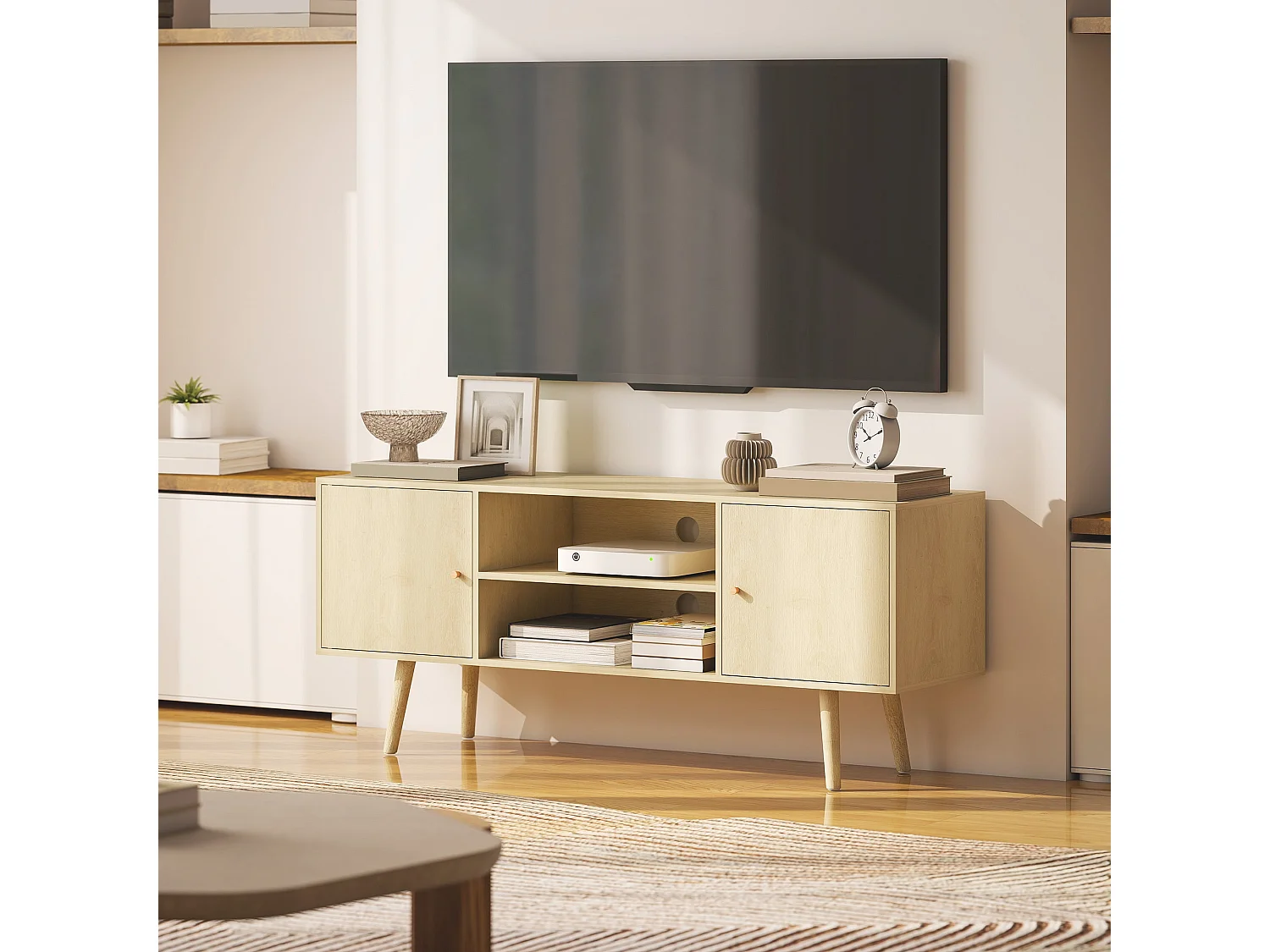Meuble TV meuble télé pour téléviseur jusqu'à 55 pouces 2 placards et 2 étagères ouvertes 120x34x50cm effet bois naturel