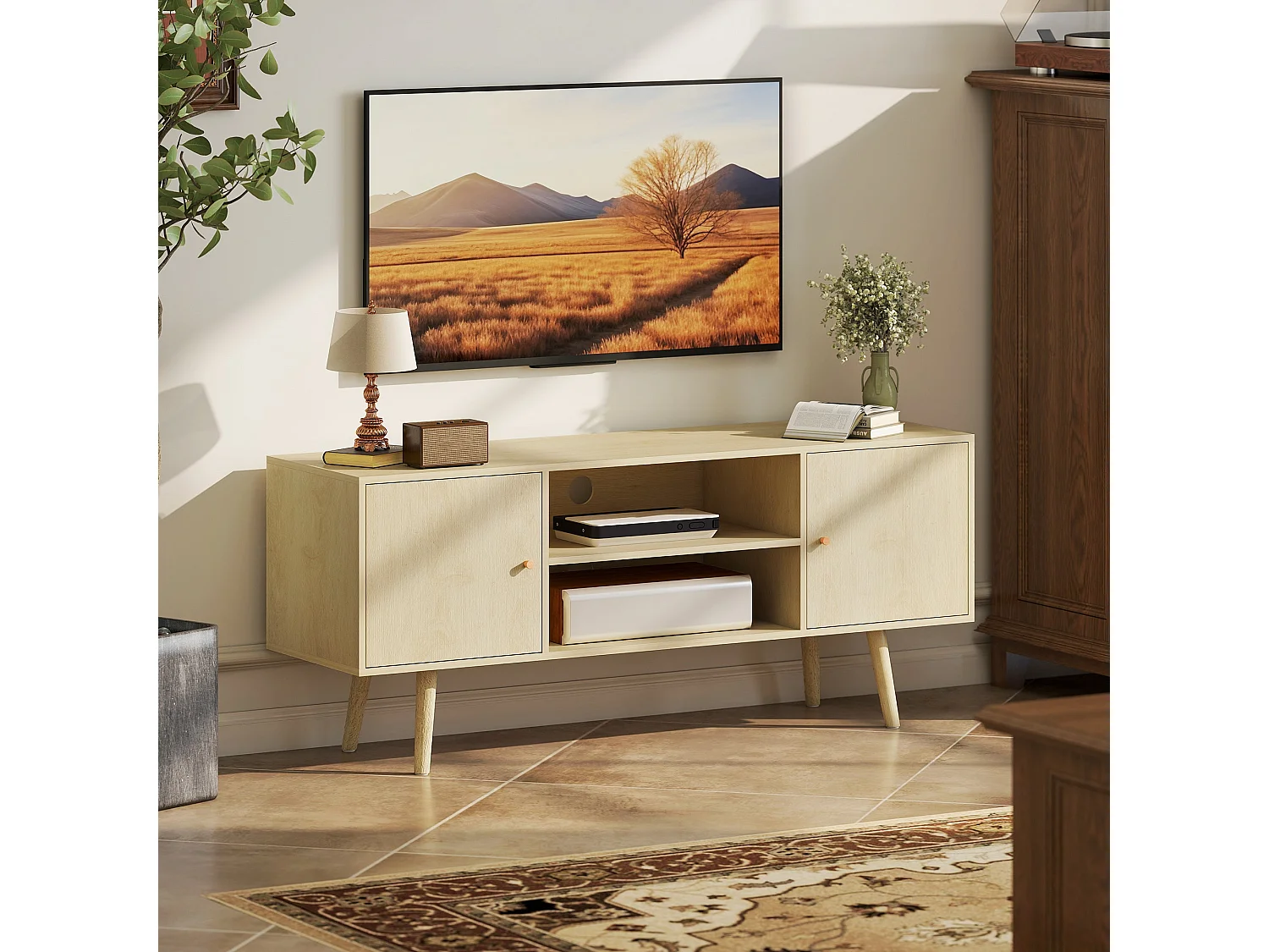 Meuble TV meuble télé pour téléviseur jusqu'à 55 pouces 2 placards et 2 étagères ouvertes 120x34x50cm effet bois naturel
