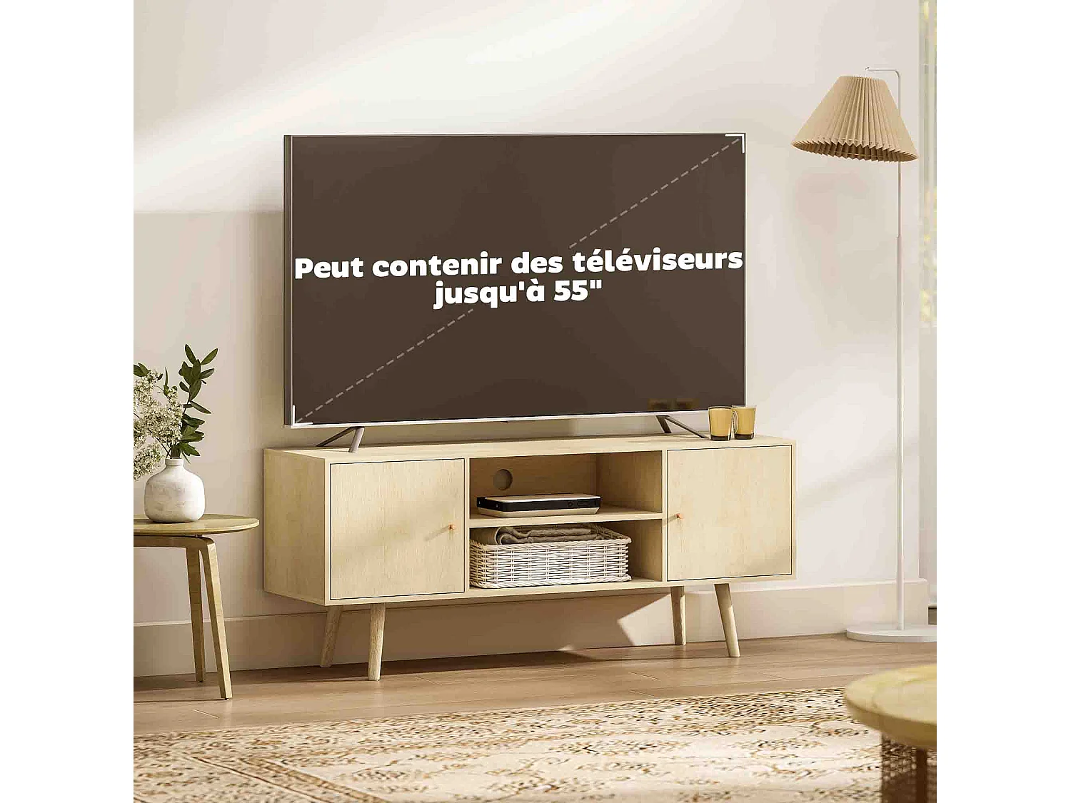 Meuble TV meuble télé pour téléviseur jusqu'à 55 pouces 2 placards et 2 étagères ouvertes 120x34x50cm effet bois naturel
