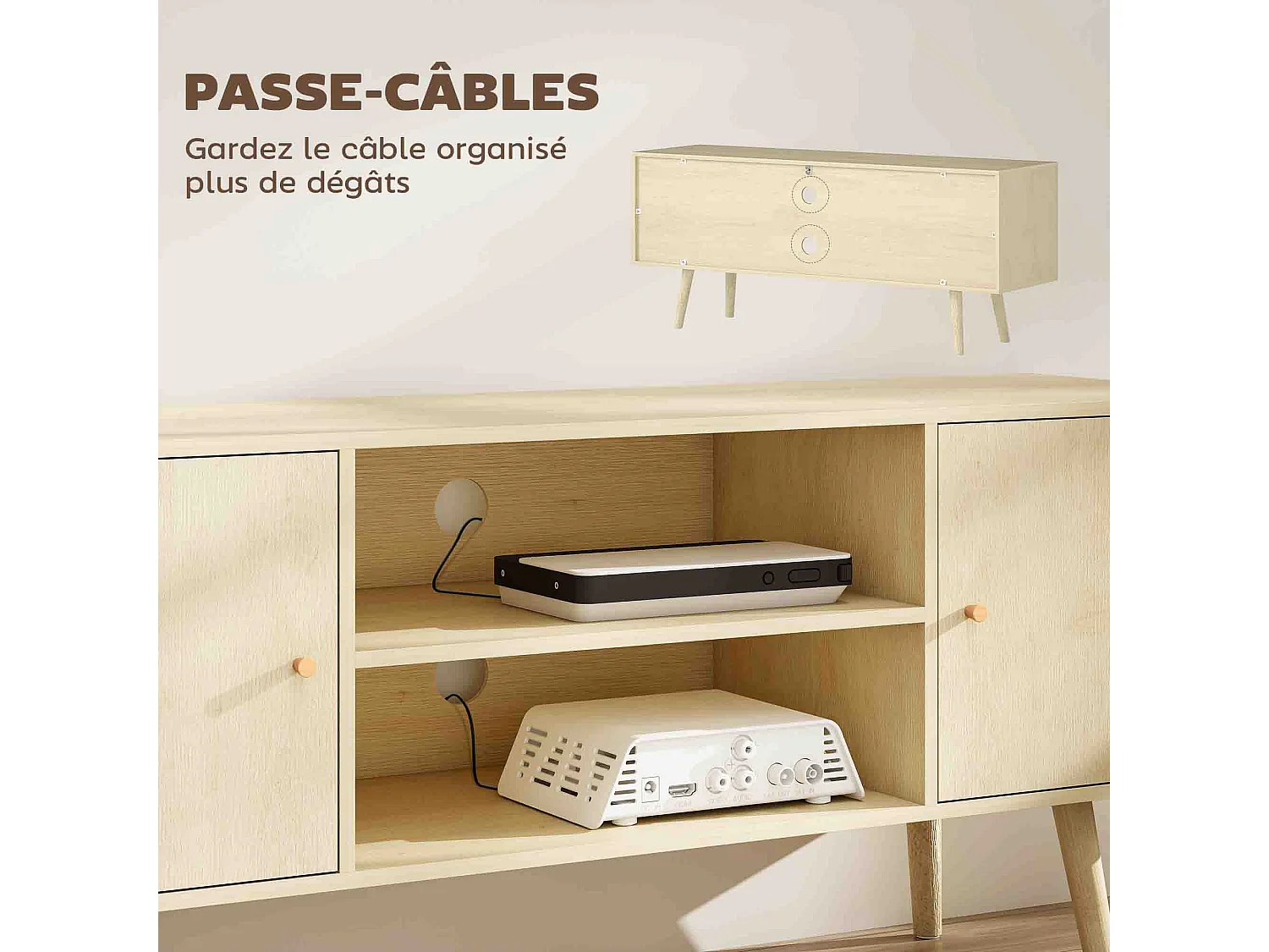 Meuble TV meuble télé pour téléviseur jusqu'à 55 pouces 2 placards et 2 étagères ouvertes 120x34x50cm effet bois naturel