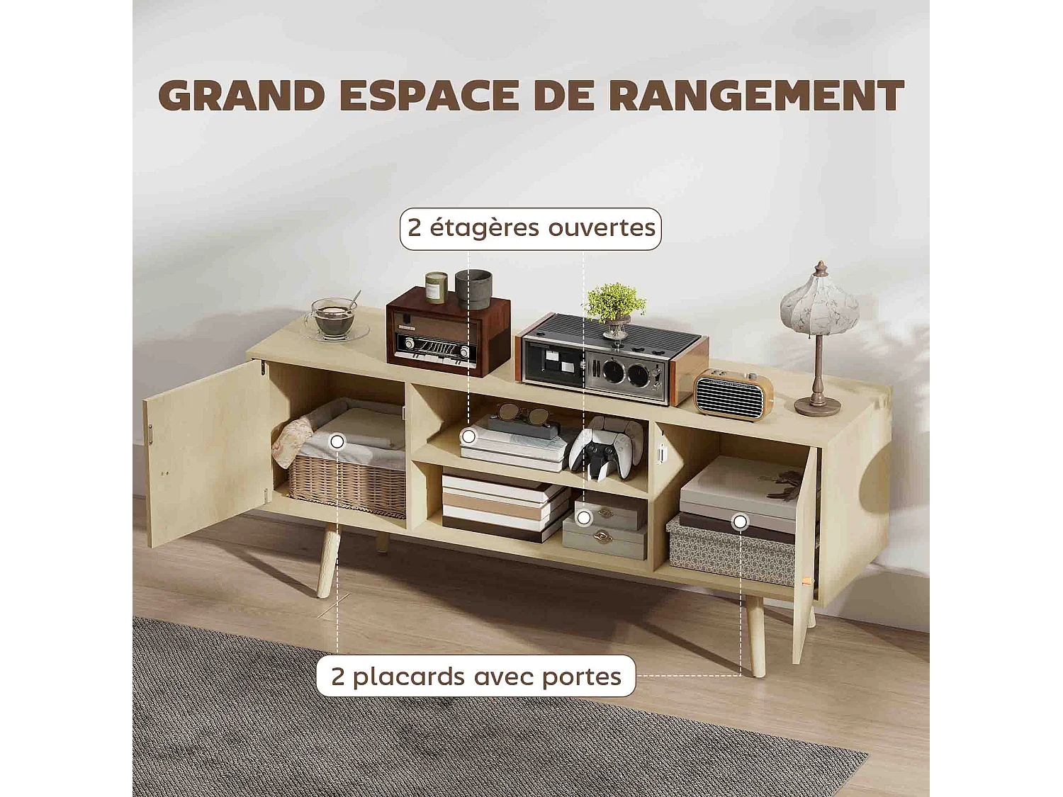 Meuble TV meuble télé pour téléviseur jusqu'à 55 pouces 2 placards et 2 étagères ouvertes 120x34x50cm effet bois naturel