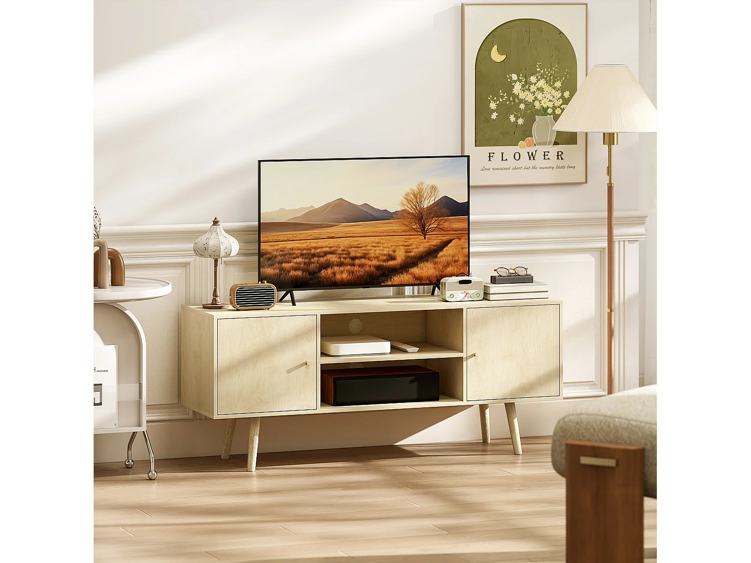 Meuble TV meuble télé pour téléviseur jusqu'à 55 pouces 2 placards et 2 étagères ouvertes 120x34x50cm effet bois naturel