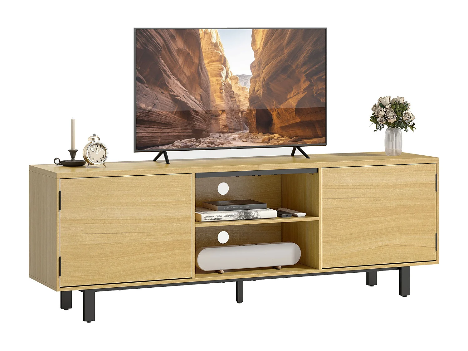 Meuble TV, meuble télé jusqu'à 65 pouces, 2 portes à ouverture par pression et 2 étagères, 160x35x55,5cm, bois naturel