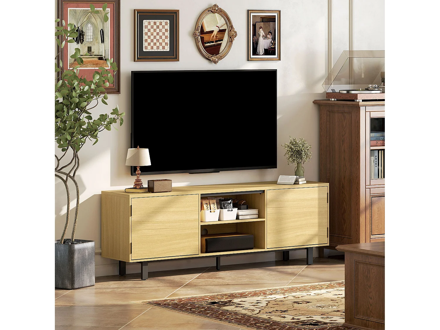 Meuble TV, meuble télé jusqu'à 65 pouces, 2 portes à ouverture par pression et 2 étagères, 160x35x55,5cm, bois naturel