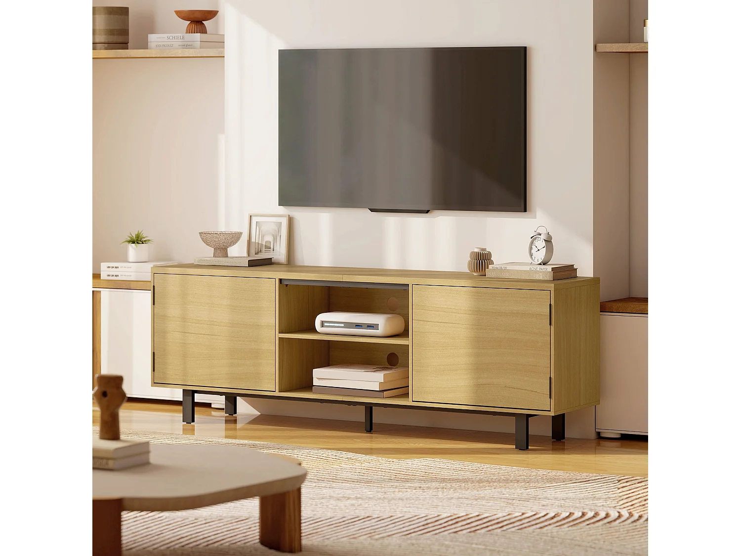 Meuble TV, meuble télé jusqu'à 65 pouces, 2 portes à ouverture par pression et 2 étagères, 160x35x55,5cm, bois naturel