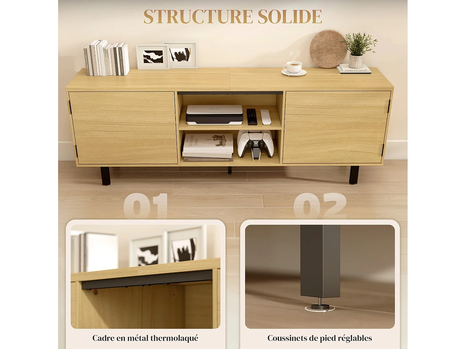 Meuble TV, meuble télé jusqu'à 65 pouces, 2 portes à ouverture par pression et 2 étagères, 160x35x55,5cm, bois naturel