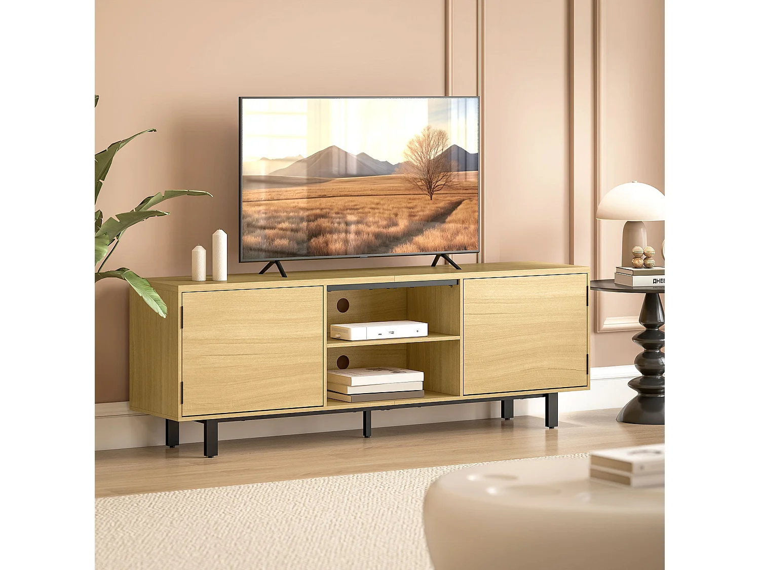 Meuble TV, meuble télé jusqu'à 65 pouces, 2 portes à ouverture par pression et 2 étagères, 160x35x55,5cm, bois naturel