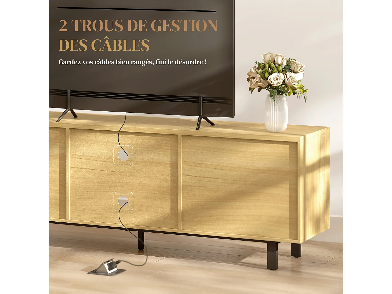 Meuble TV, meuble télé jusqu'à 65 pouces, 2 portes à ouverture par pression et 2 étagères, 160x35x55,5cm, bois naturel