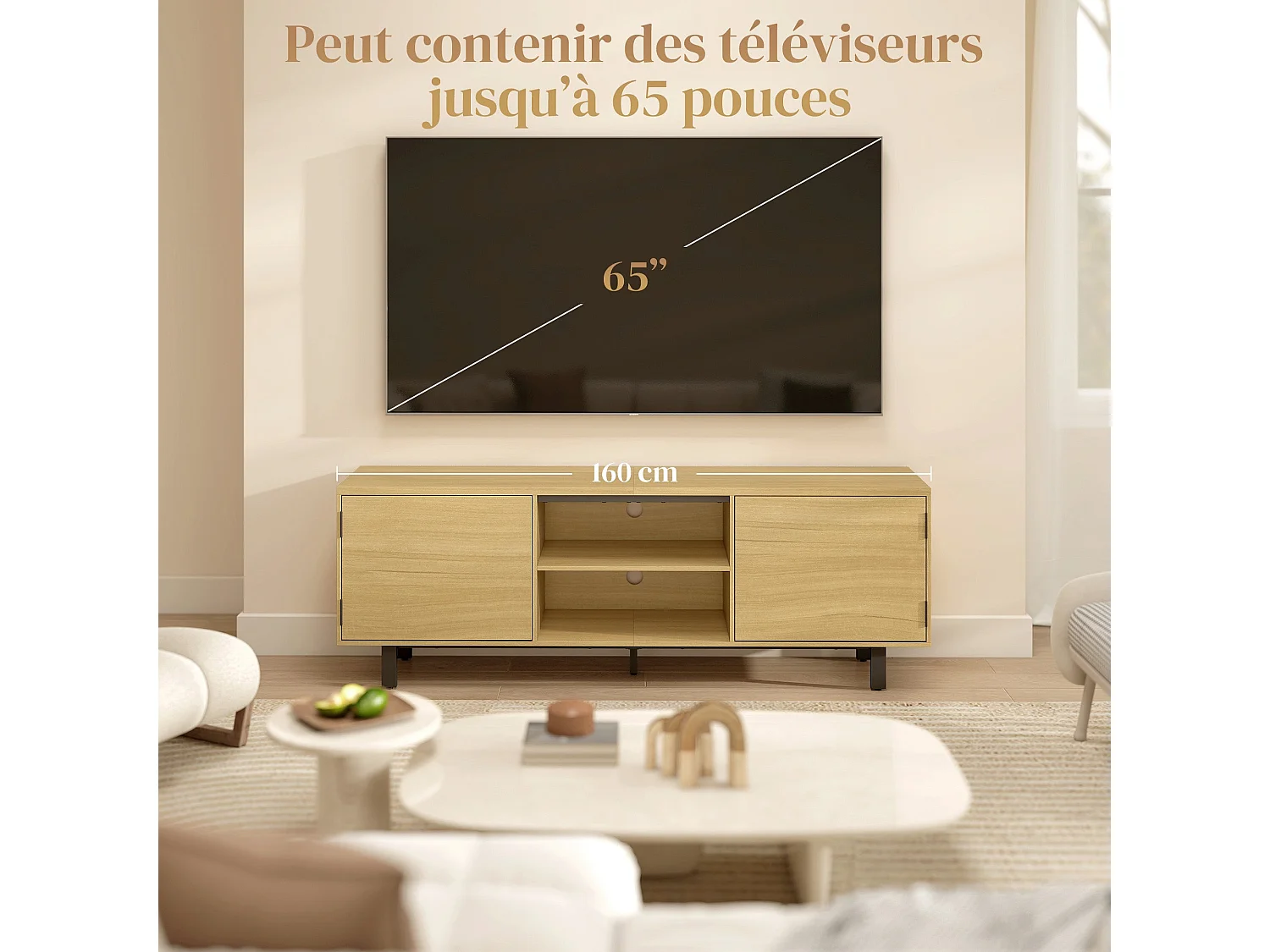 Meuble TV, meuble télé jusqu'à 65 pouces, 2 portes à ouverture par pression et 2 étagères, 160x35x55,5cm, bois naturel