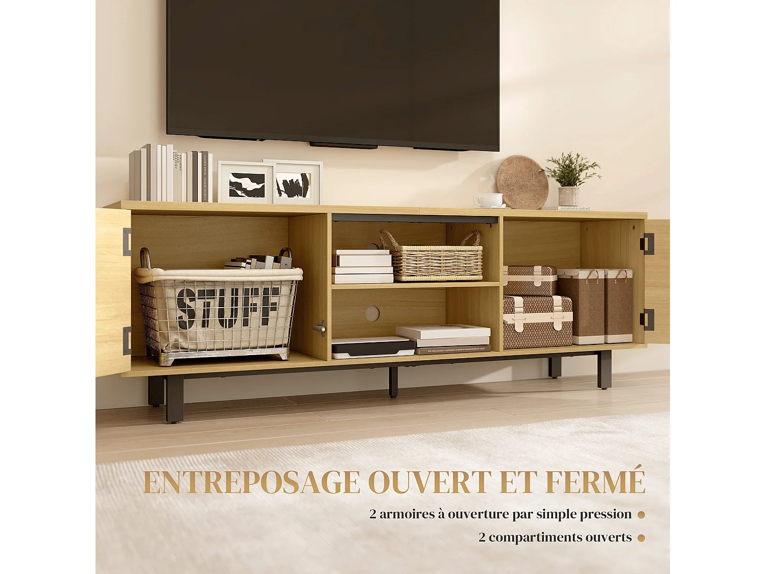 Meuble TV, meuble télé jusqu'à 65 pouces, 2 portes à ouverture par pression et 2 étagères, 160x35x55,5cm, bois naturel