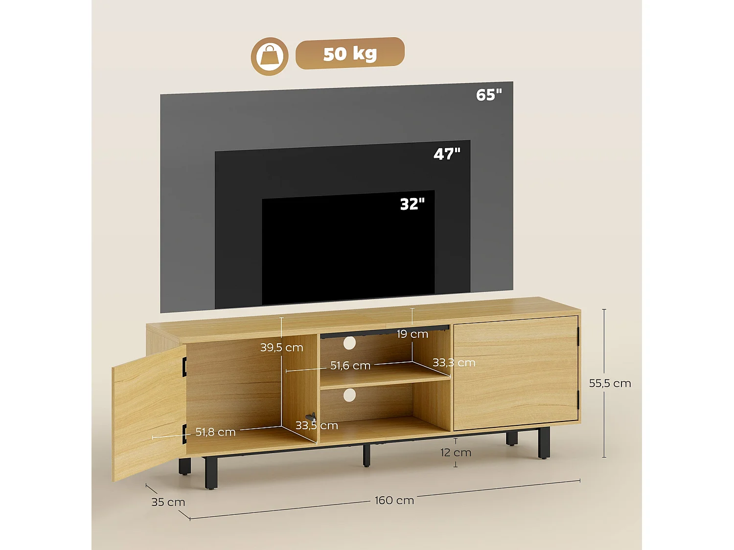 Meuble TV, meuble télé jusqu'à 65 pouces, 2 portes à ouverture par pression et 2 étagères, 160x35x55,5cm, bois naturel