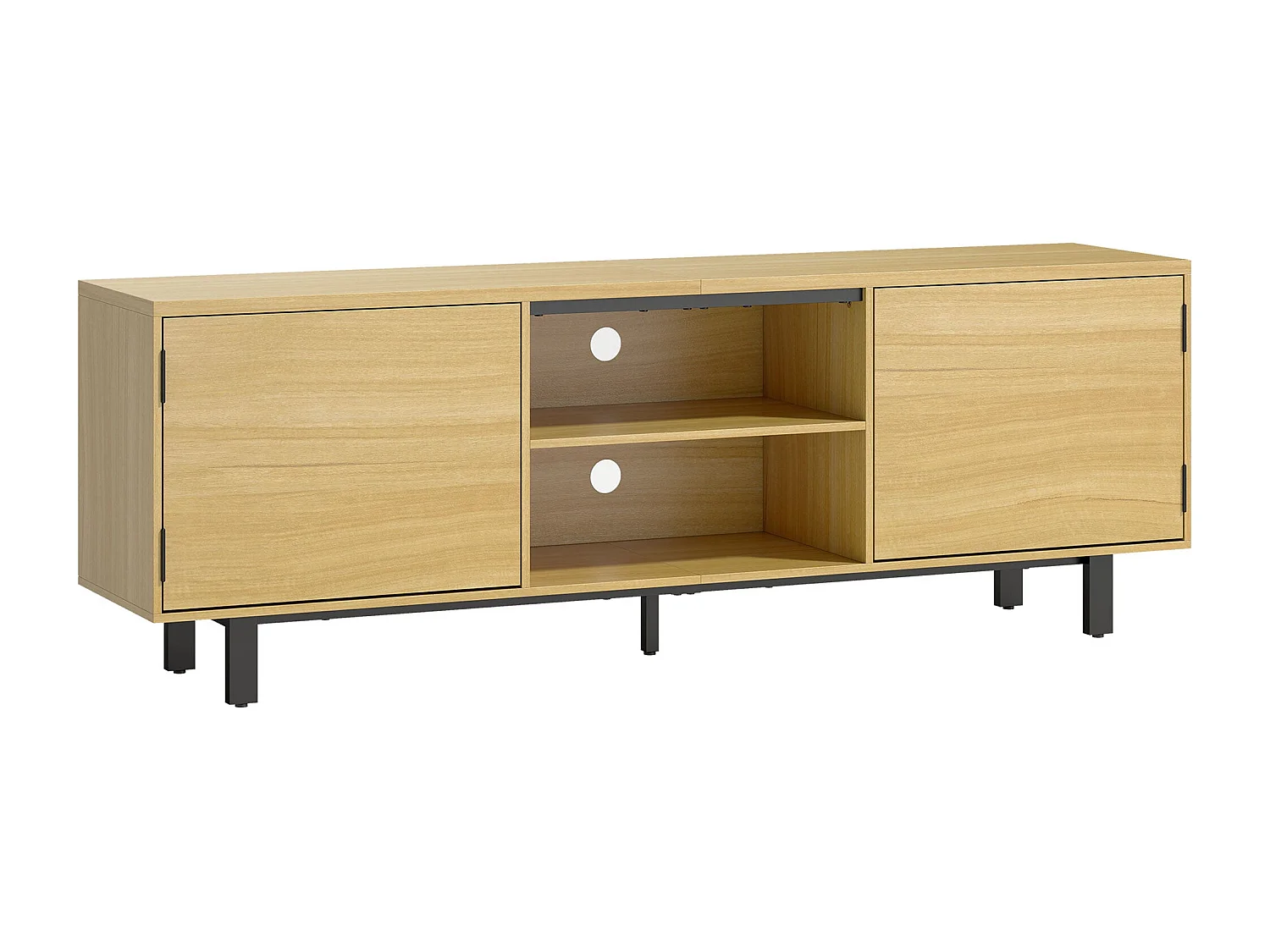 Meuble TV, meuble télé jusqu'à 65 pouces, 2 portes à ouverture par pression et 2 étagères, 160x35x55,5cm, bois naturel