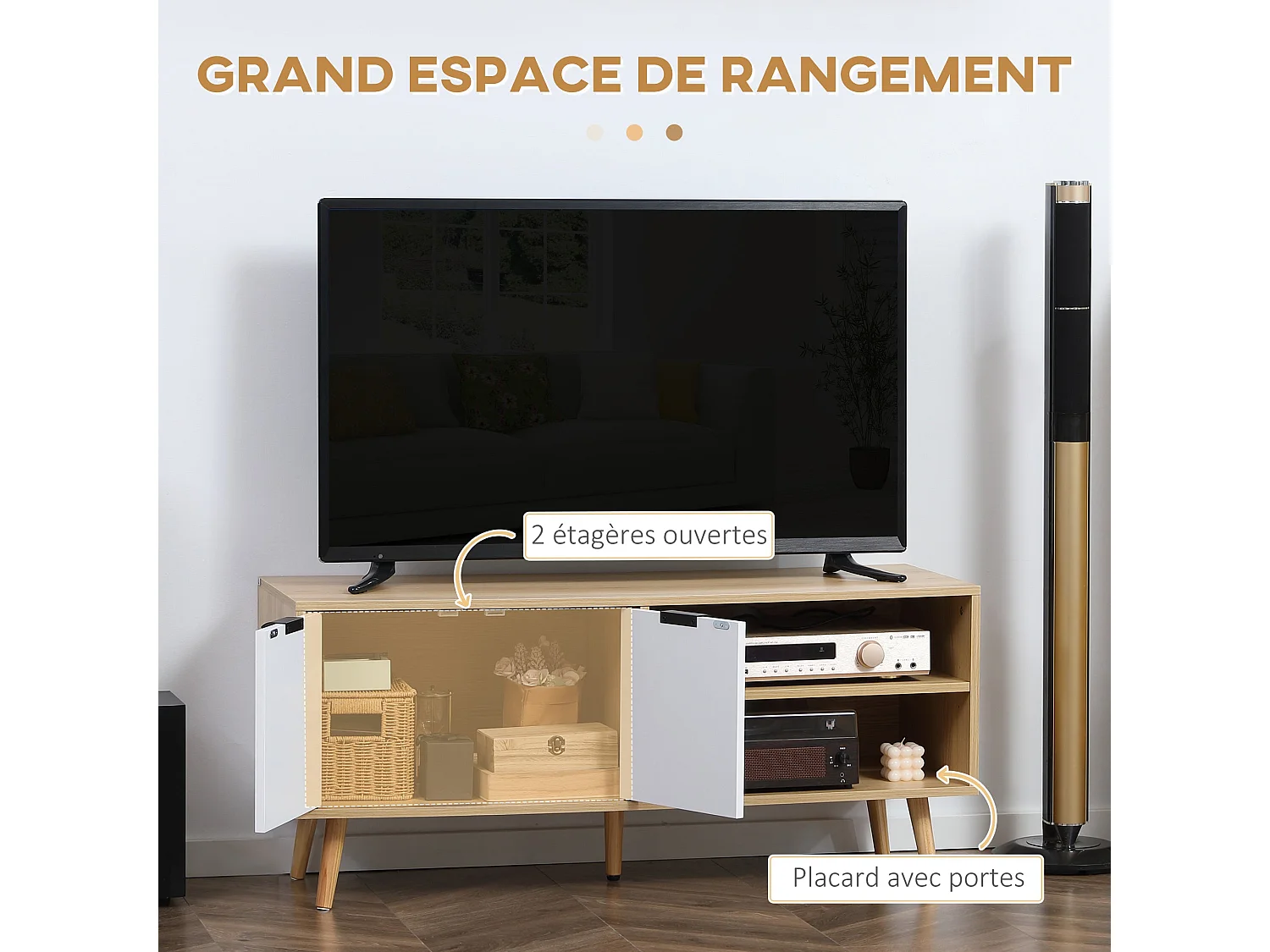 Meuble TV pour télévision jusqu'à 46 pouces design scandinave 2 portes 2 niches avec passe-câbles 110 x 39 x 48,8 cm