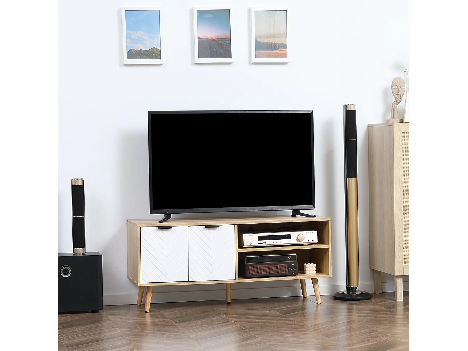 Meuble TV pour télévision jusqu'à 46 pouces design scandinave 2 portes 2 niches avec passe-câbles 110 x 39 x 48,8 cm