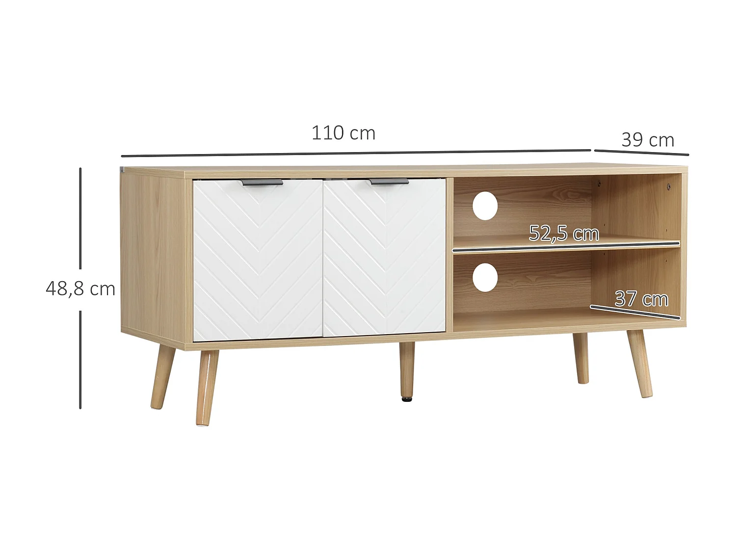 Meuble TV pour télévision jusqu'à 46 pouces design scandinave 2 portes 2 niches avec passe-câbles 110 x 39 x 48,8 cm