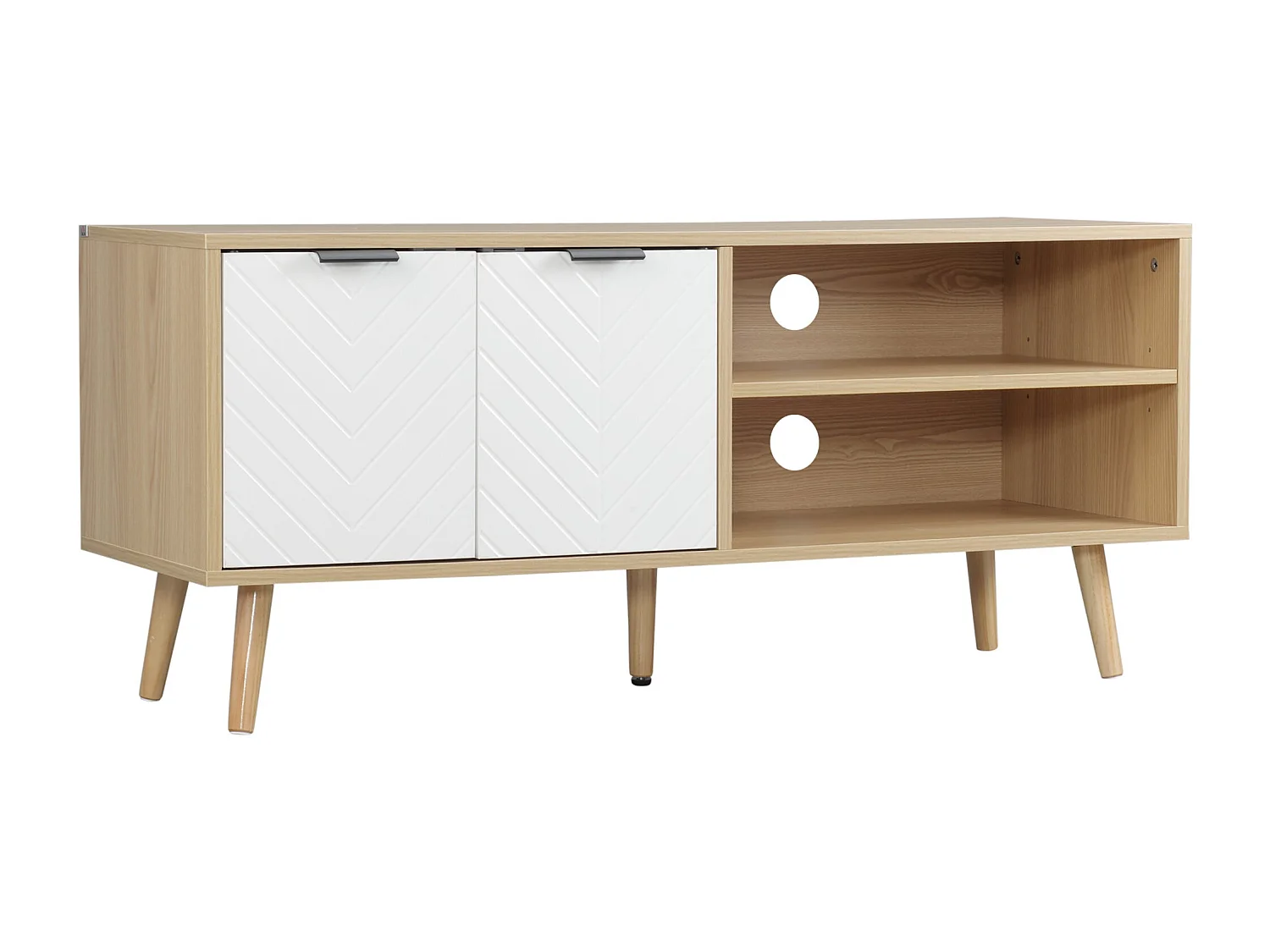 Meuble TV pour télévision jusqu'à 46 pouces design scandinave 2 portes 2 niches avec passe-câbles 110 x 39 x 48,8 cm
