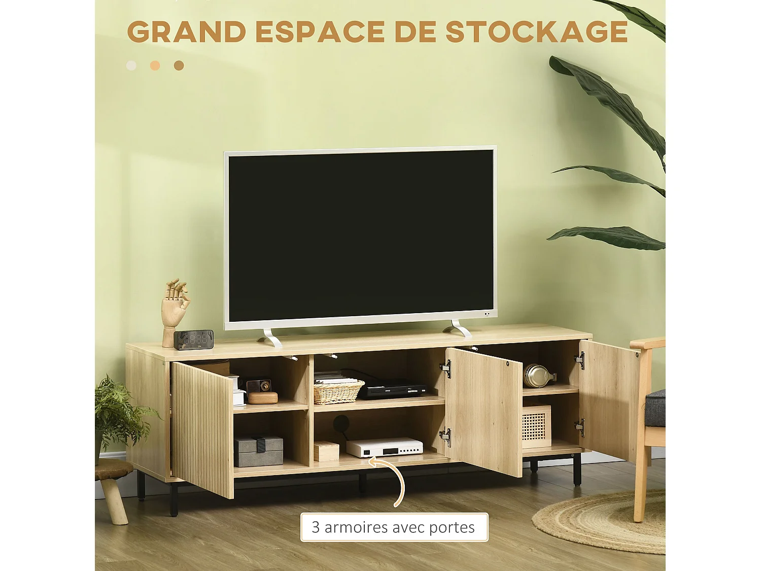 Meuble banc TV Banc Max. 65 Pouces 3 placards 2 passe-câbles avec étagères réglables - dim. 150L x 40D x 51H cm