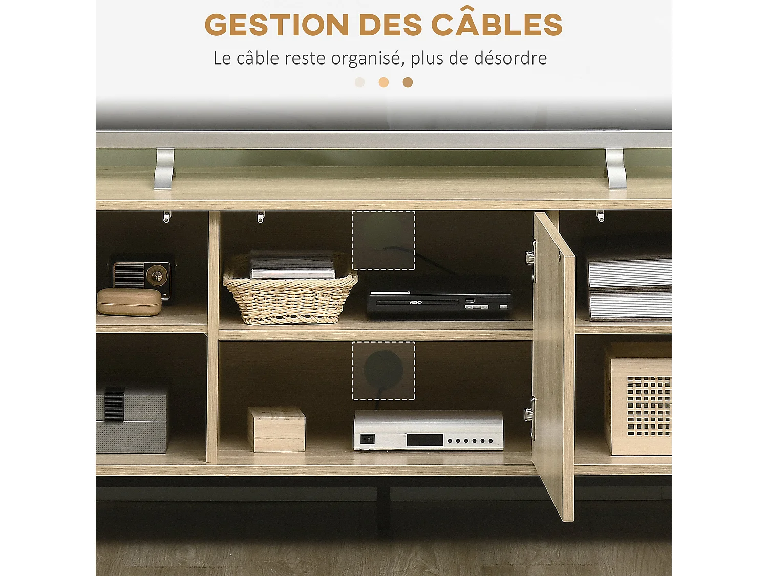 Meuble banc TV Banc Max. 65 Pouces 3 placards 2 passe-câbles avec étagères réglables - dim. 150L x 40D x 51H cm