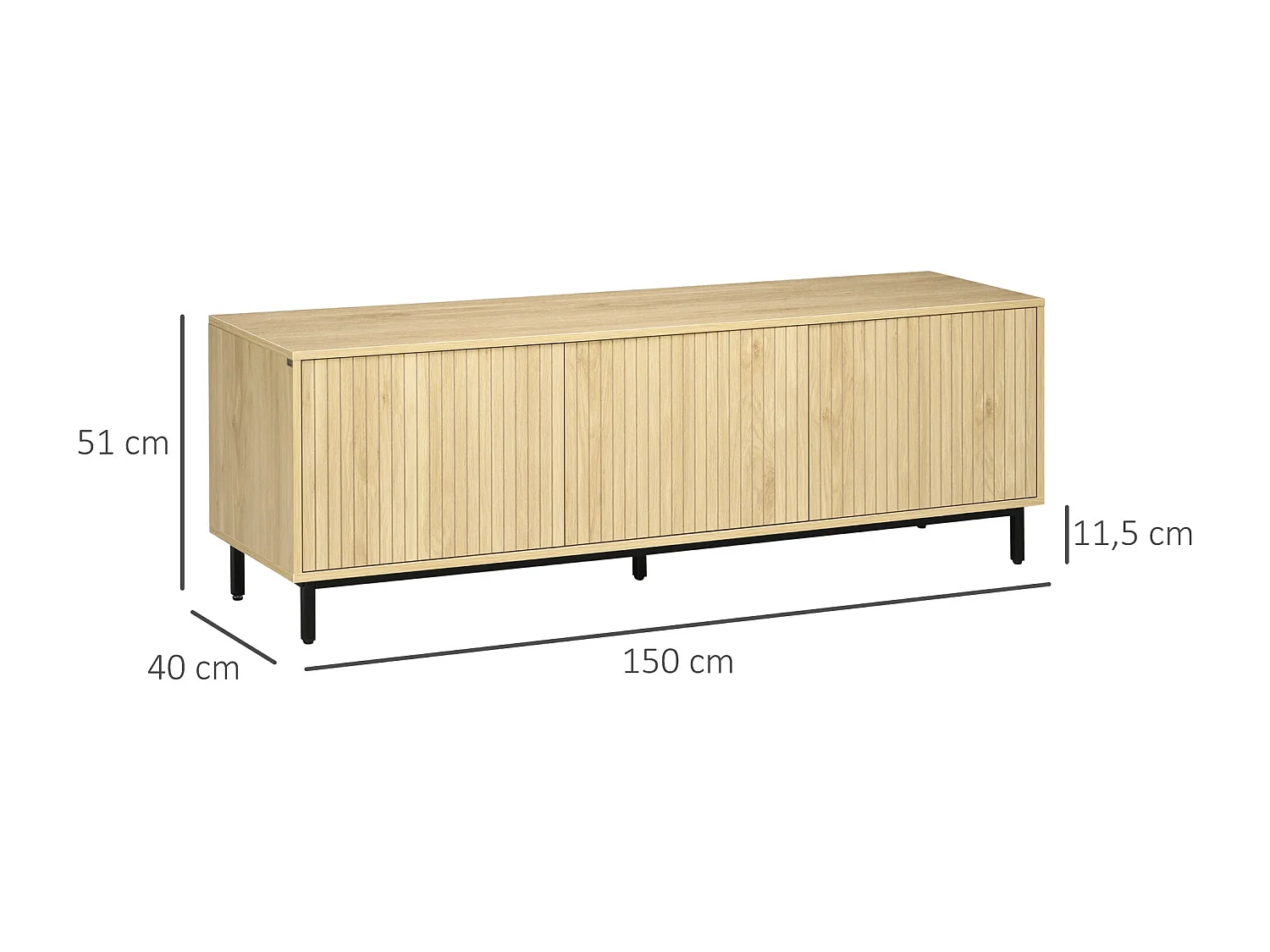 Meuble banc TV Banc Max. 65 Pouces 3 placards 2 passe-câbles avec étagères réglables - dim. 150L x 40D x 51H cm