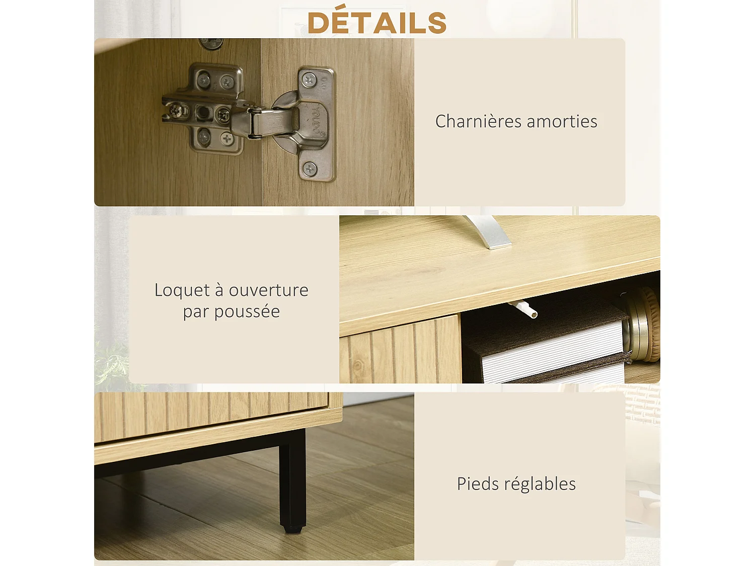 Meuble banc TV Banc Max. 65 Pouces 3 placards 2 passe-câbles avec étagères réglables - dim. 150L x 40D x 51H cm