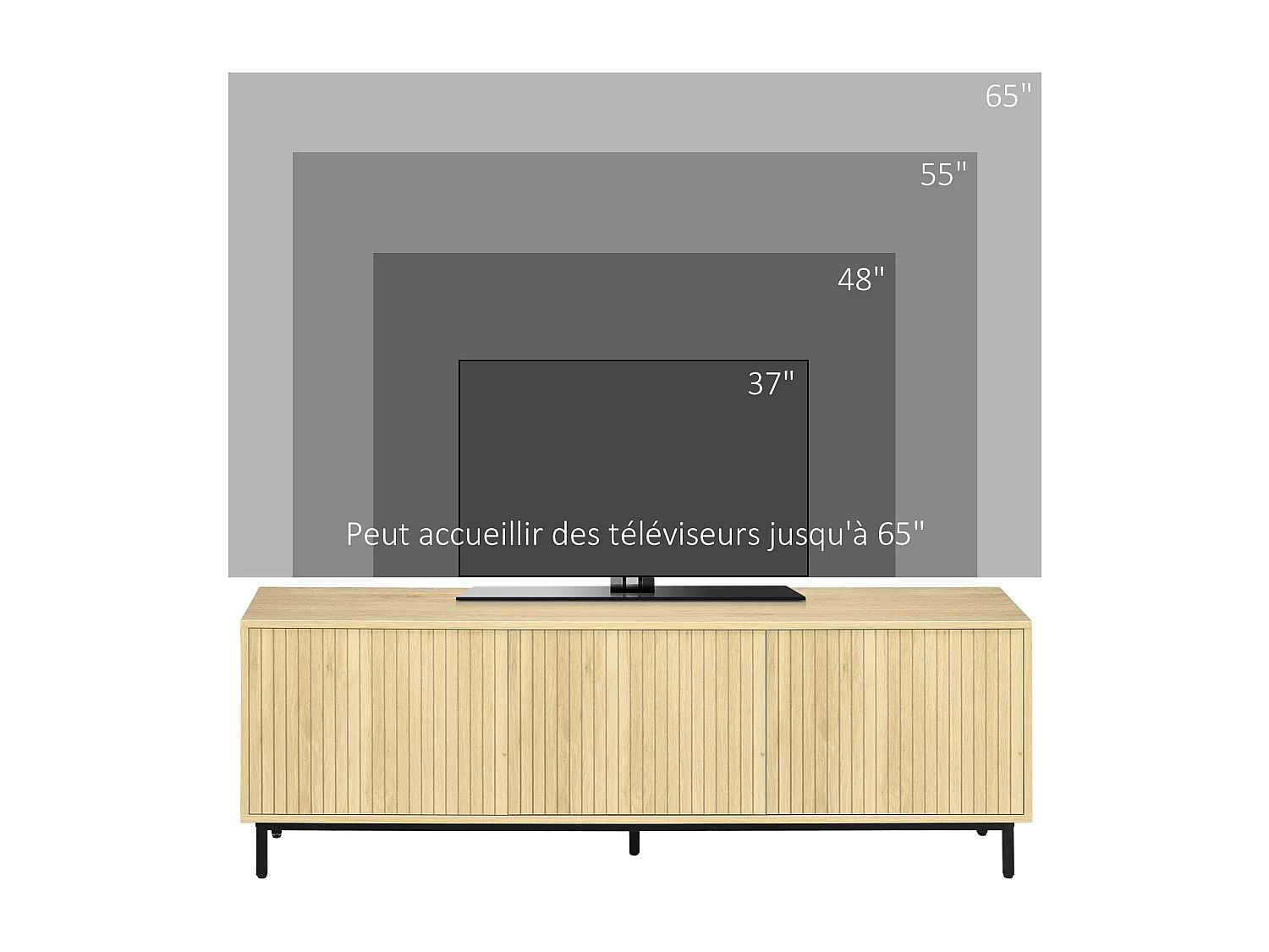 Meuble banc TV Banc Max. 65 Pouces 3 placards 2 passe-câbles avec étagères réglables - dim. 150L x 40D x 51H cm