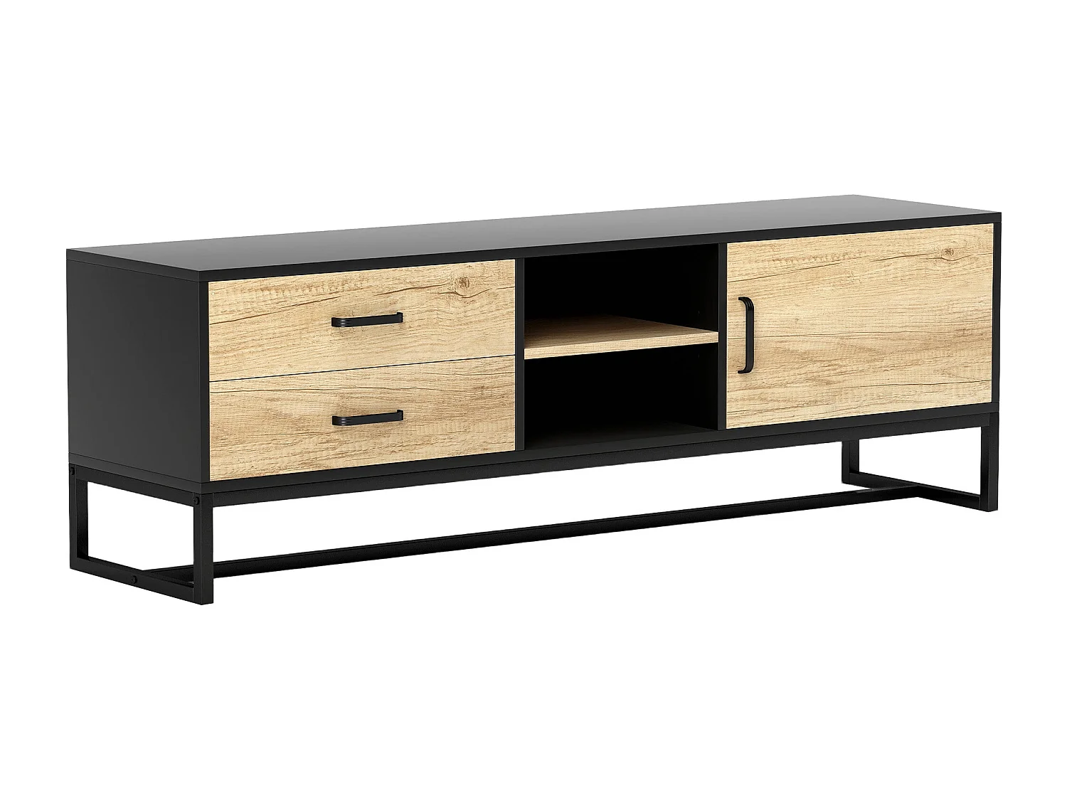 Meuble TV avec rangement, 2 tiroirs et étagères ouvertes réglables, meuble TV en bois avec 2 passe-câbles pour salon, 140 x 35 x 45 cm, bois naturel et noir