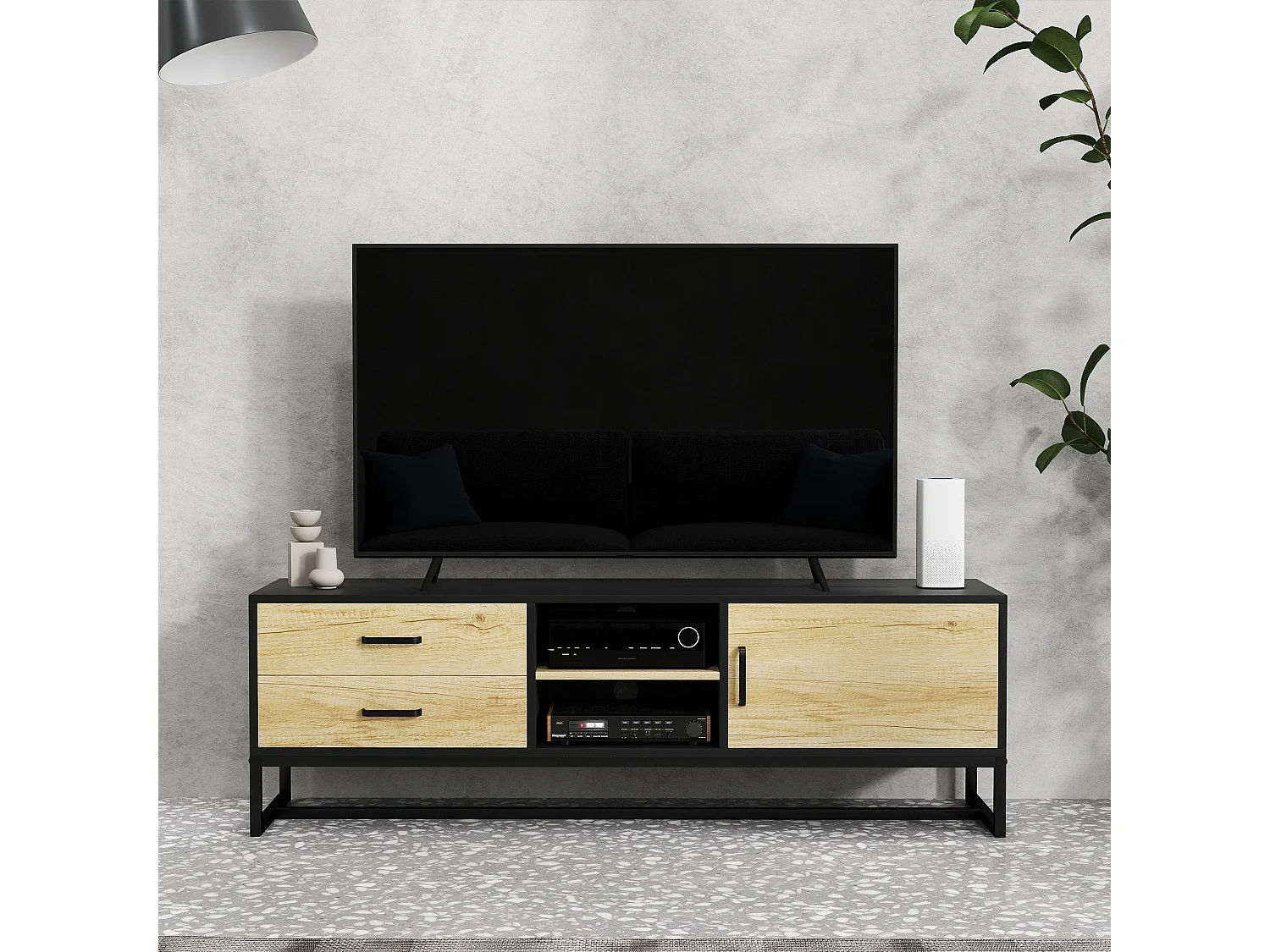 Meuble TV avec rangement, 2 tiroirs et étagères ouvertes réglables, meuble TV en bois avec 2 passe-câbles pour salon, 140 x 35 x 45 cm, bois naturel et noir