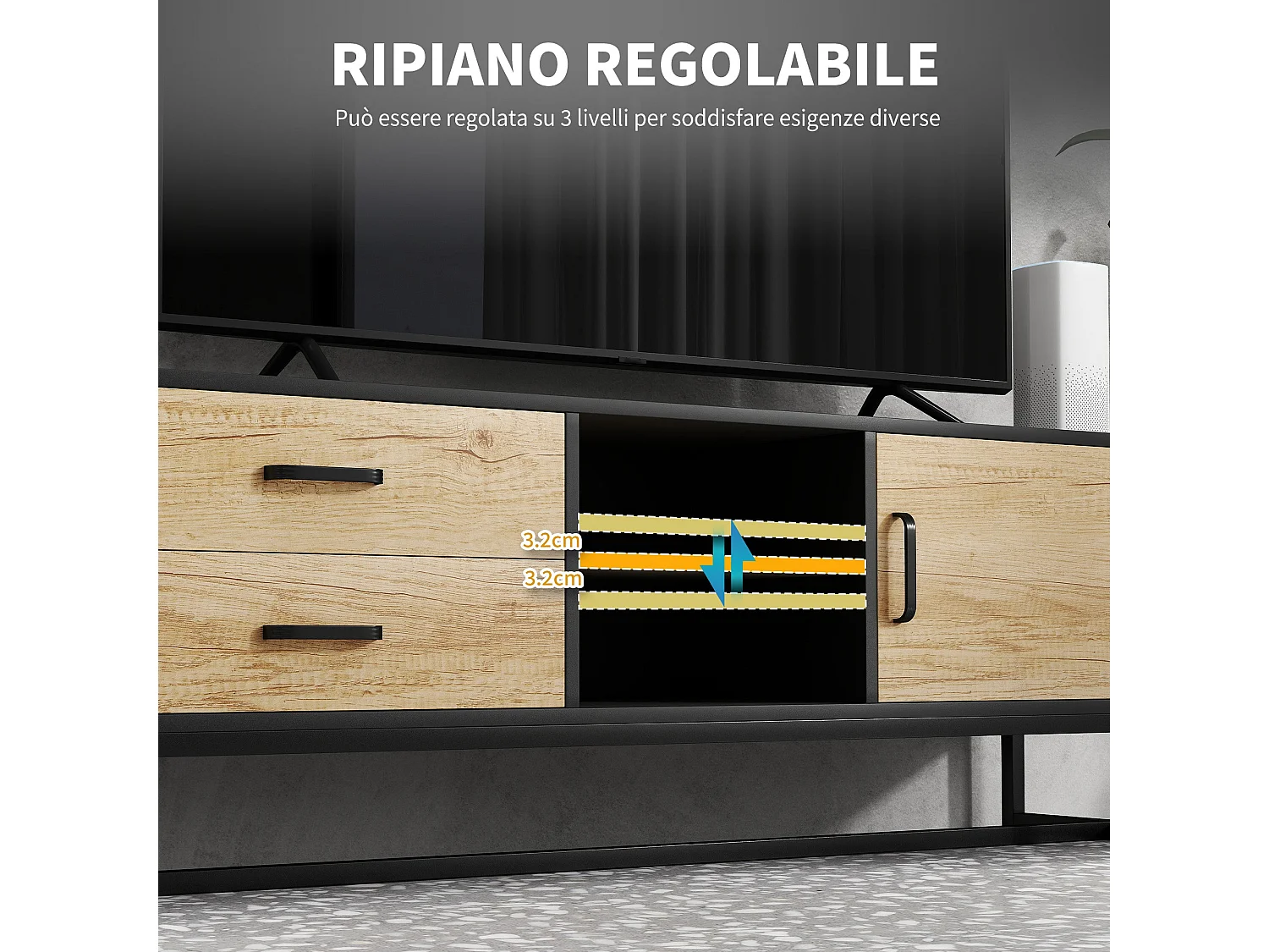 Meuble TV avec rangement, 2 tiroirs et étagères ouvertes réglables, meuble TV en bois avec 2 passe-câbles pour salon, 140 x 35 x 45 cm, bois naturel et noir