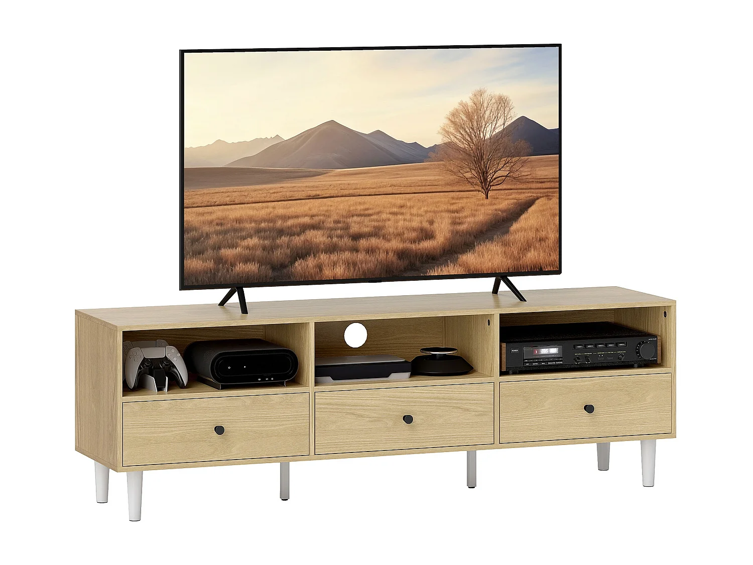 Meuble TV pour jusqu'à 75" avec 3 tiroirs, 3 étagères ouvertes et passe-câbles, 140 x 34 x 45 cm, bois naturel