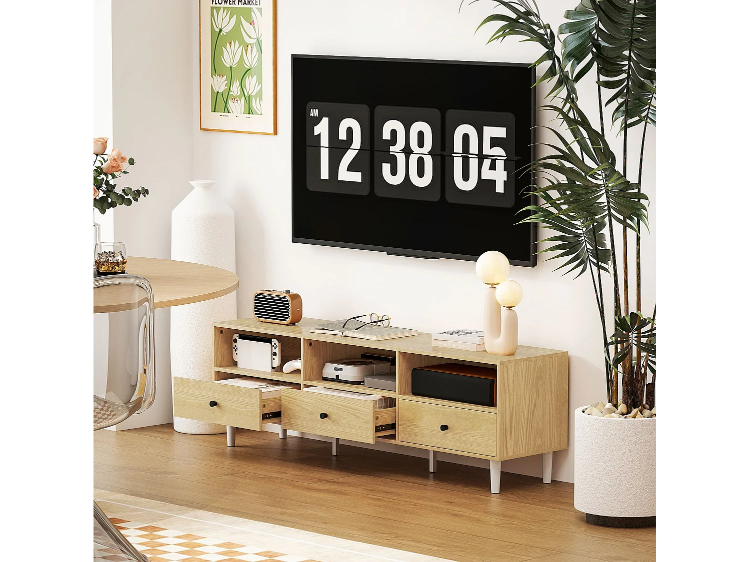 Meuble TV pour jusqu'à 75" avec 3 tiroirs, 3 étagères ouvertes et passe-câbles, 140 x 34 x 45 cm, bois naturel