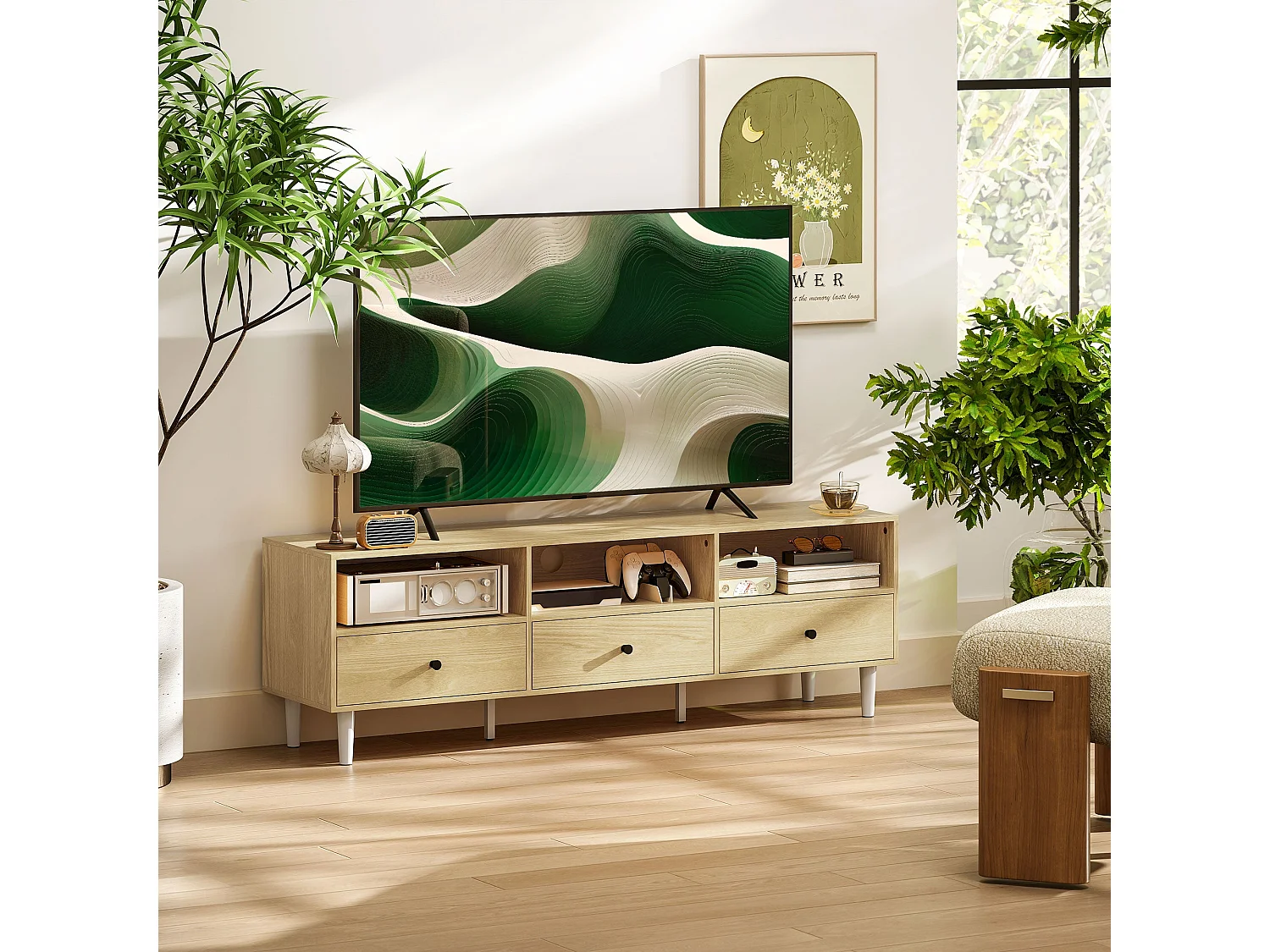 Meuble TV pour jusqu'à 75" avec 3 tiroirs, 3 étagères ouvertes et passe-câbles, 140 x 34 x 45 cm, bois naturel