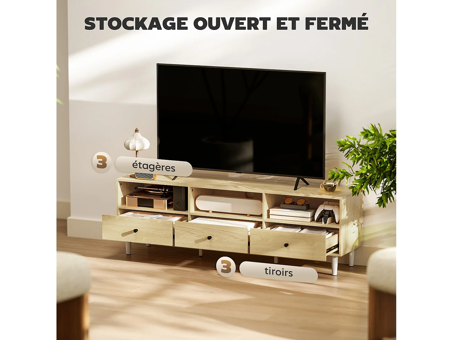Meuble TV pour jusqu'à 75" avec 3 tiroirs, 3 étagères ouvertes et passe-câbles, 140 x 34 x 45 cm, bois naturel