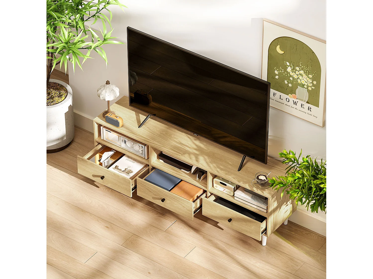 Meuble TV pour jusqu'à 75" avec 3 tiroirs, 3 étagères ouvertes et passe-câbles, 140 x 34 x 45 cm, bois naturel