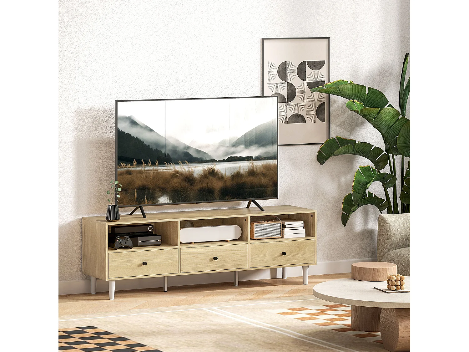 Meuble TV pour jusqu'à 75" avec 3 tiroirs, 3 étagères ouvertes et passe-câbles, 140 x 34 x 45 cm, bois naturel