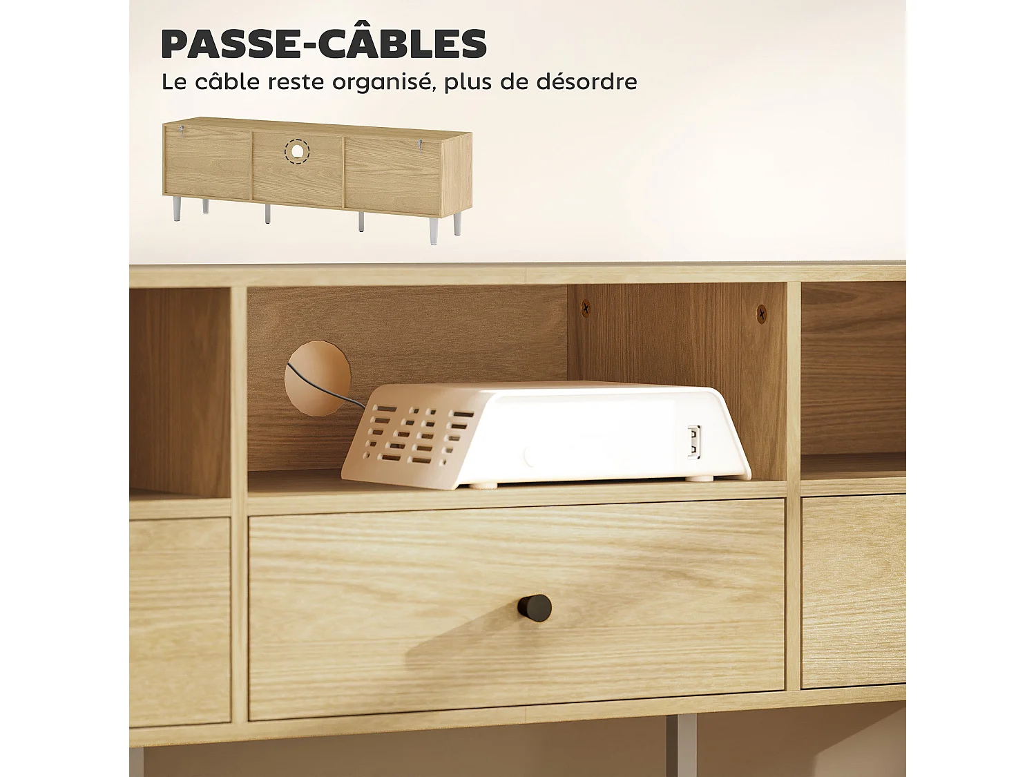 Meuble TV pour jusqu'à 75" avec 3 tiroirs, 3 étagères ouvertes et passe-câbles, 140 x 34 x 45 cm, bois naturel