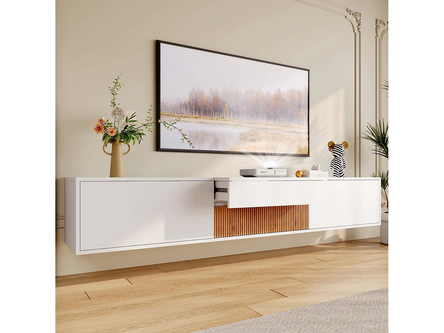Meuble TV moderne, support et panneau, modèle bas. Design unique, peut accueillir un projecteur. 180 x 34 x 30 cm (L x P x H)