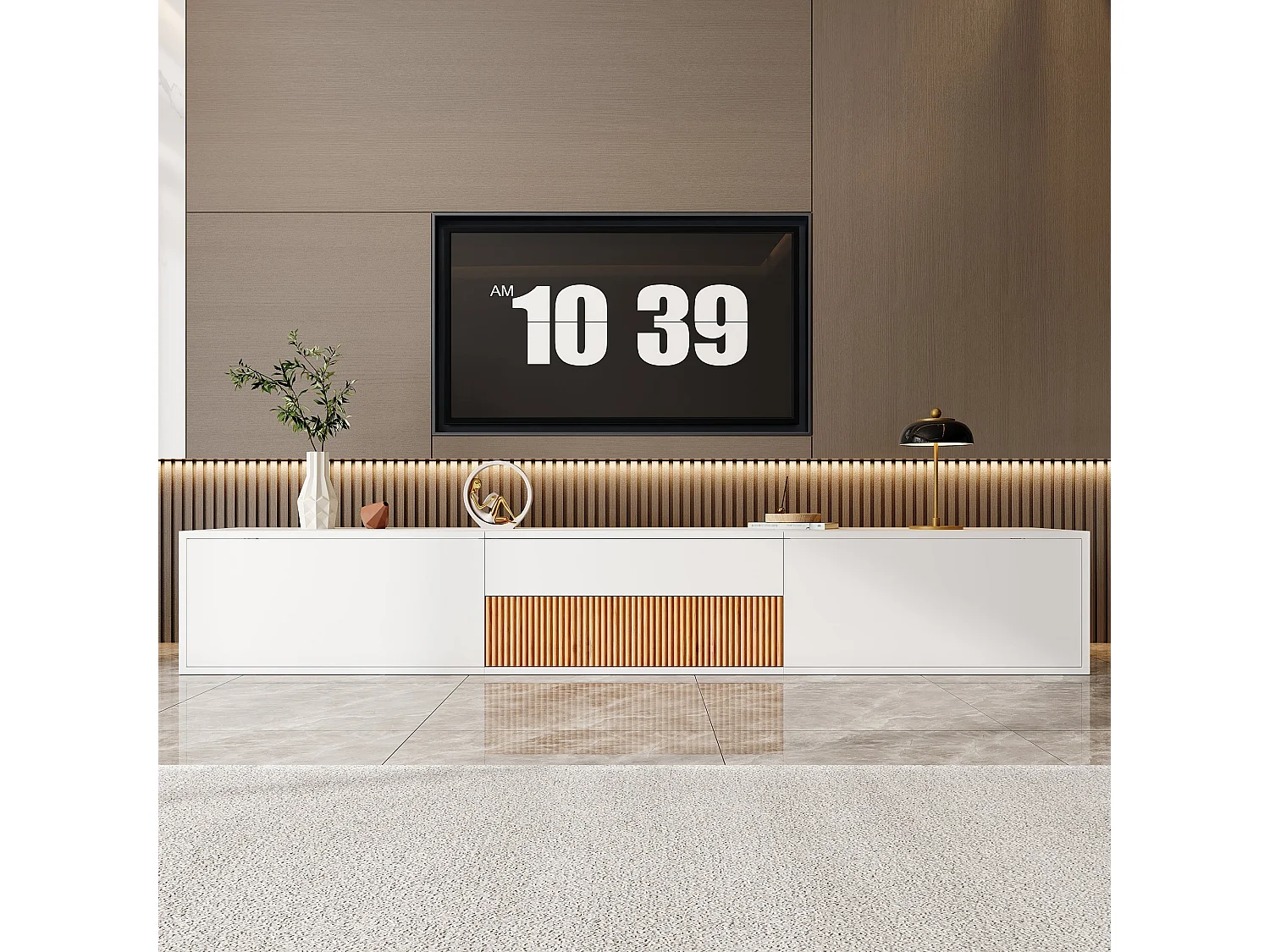 Meuble TV moderne, support et panneau, modèle bas. Design unique, peut accueillir un projecteur. 180 x 34 x 30 cm (L x P x H)