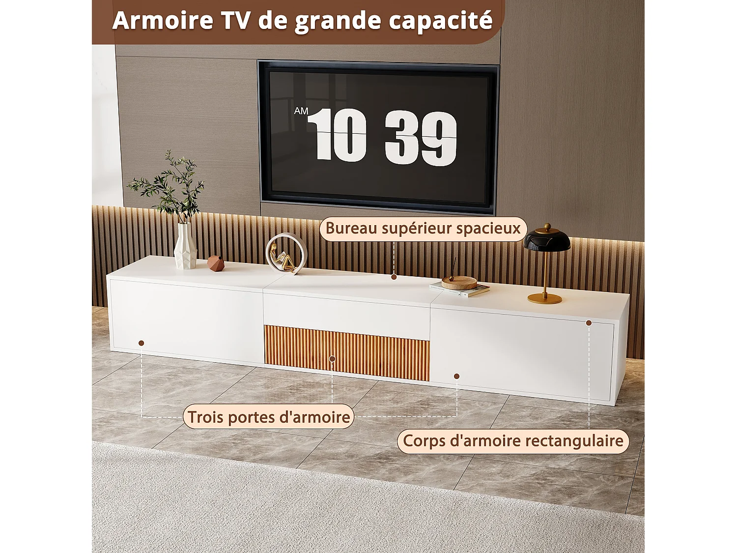 Meuble TV moderne, support et panneau, modèle bas. Design unique, peut accueillir un projecteur. 180 x 34 x 30 cm (L x P x H)