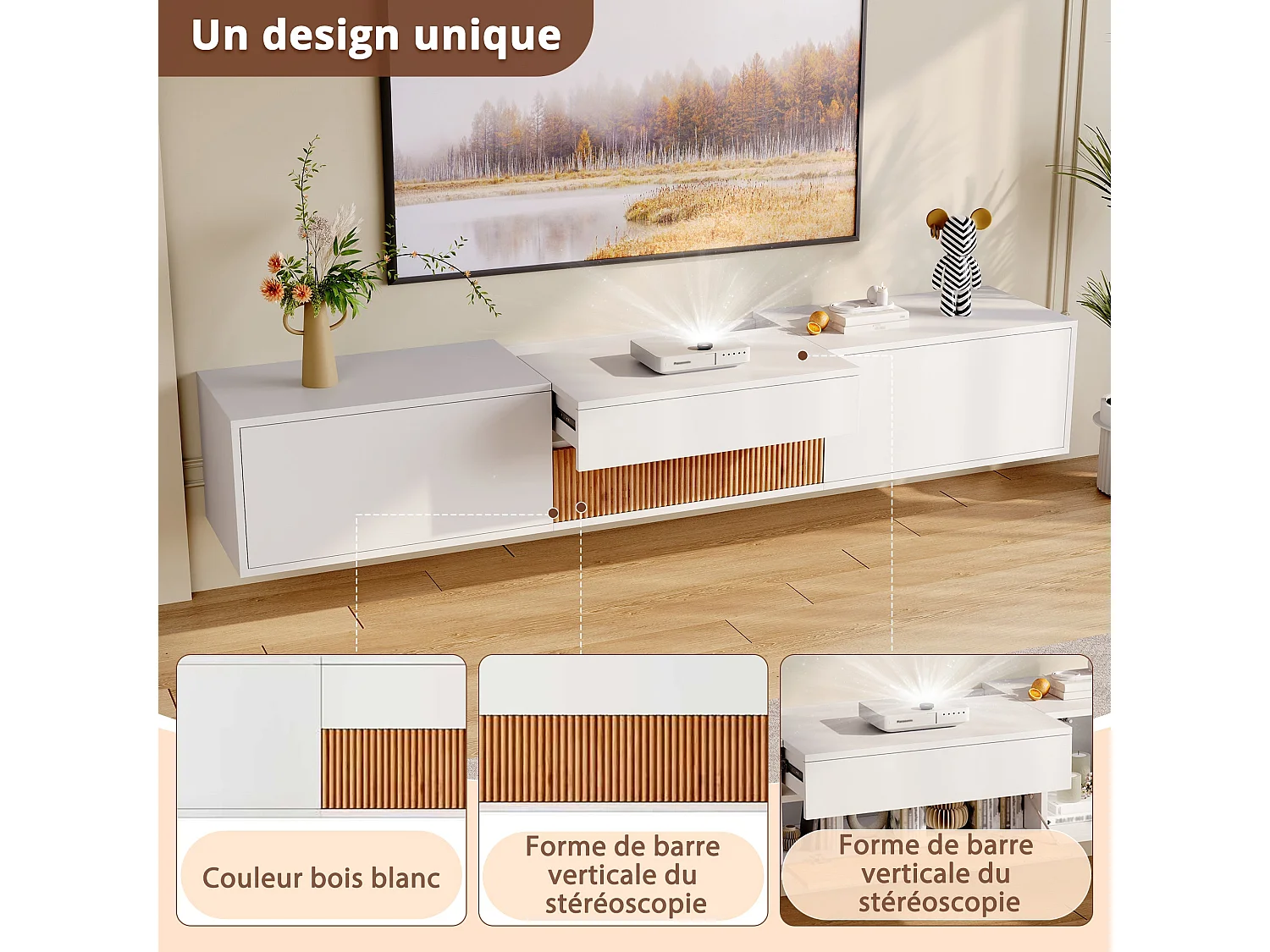 Meuble TV moderne, support et panneau, modèle bas. Design unique, peut accueillir un projecteur. 180 x 34 x 30 cm (L x P x H)