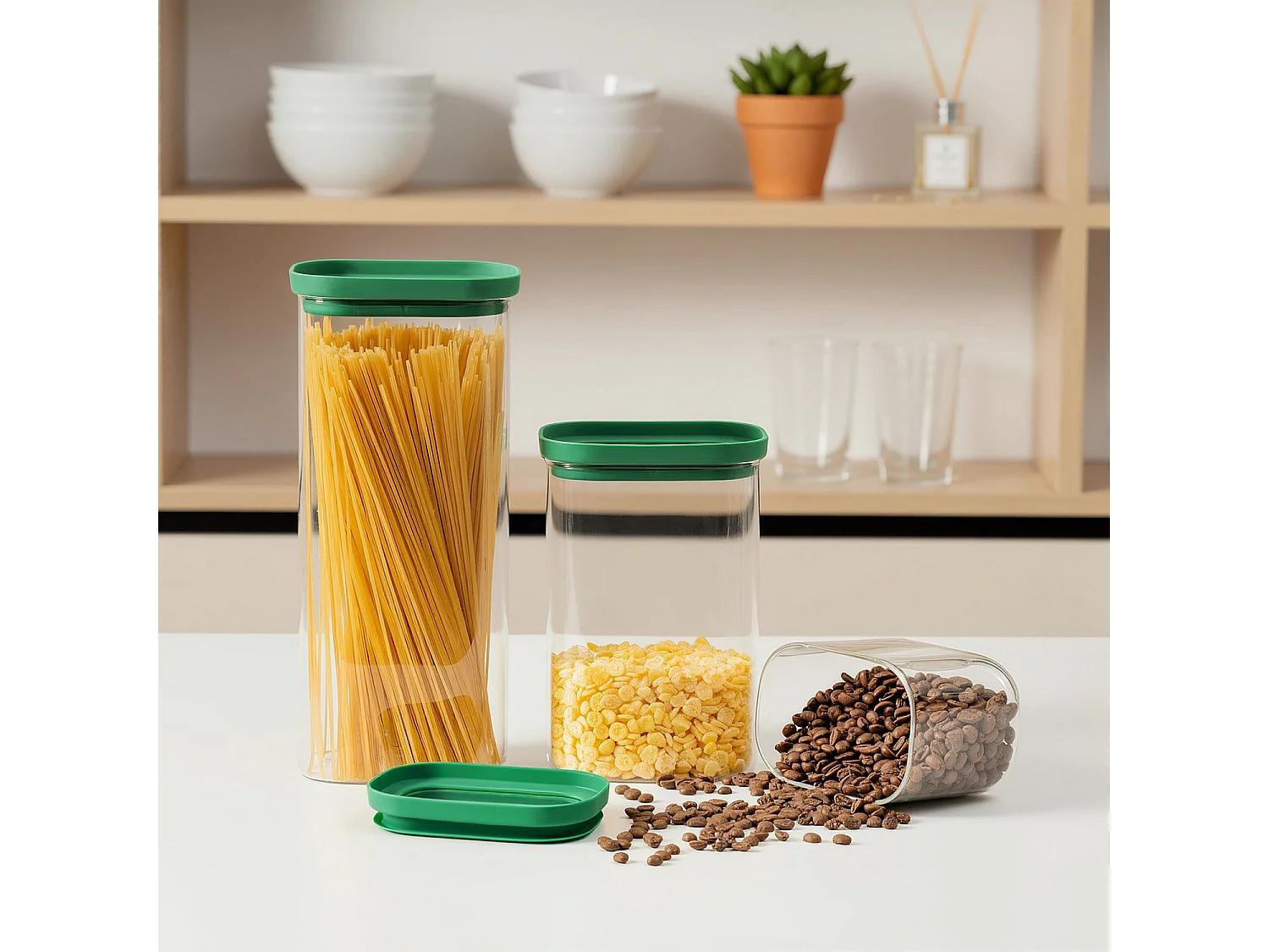 Habitat - Lot de 3 bocaux de conservation en verre - 60 / 130 / 200 cl - Vert - Aloe