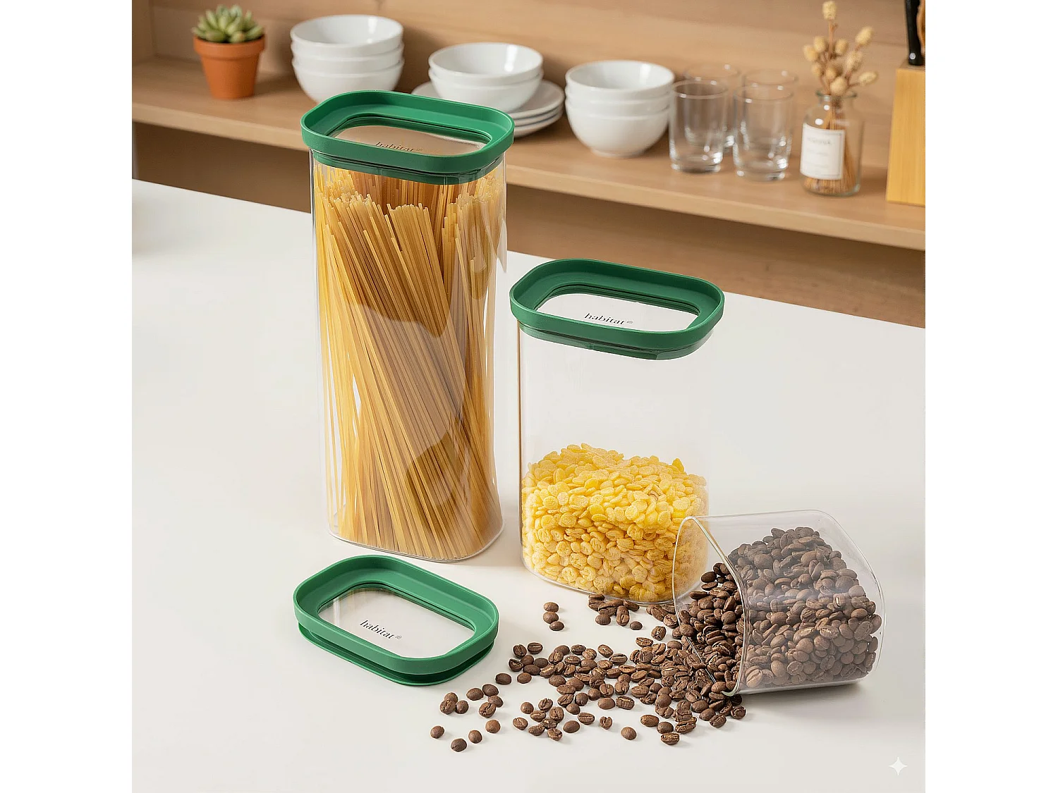 Habitat - Lot de 3 bocaux de conservation en verre - 60 / 130 / 200 cl - Vert - Aloe