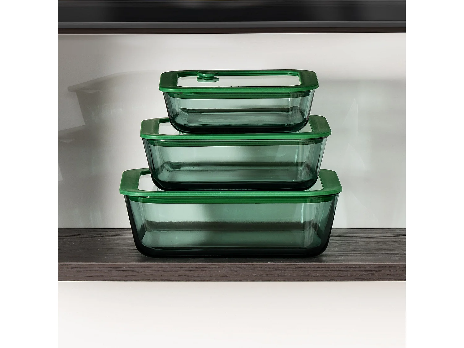 Habitat - Lot de 3 boîtes de conservation carrées en verre avec couvercle transparent et valve - Vert - Aloe