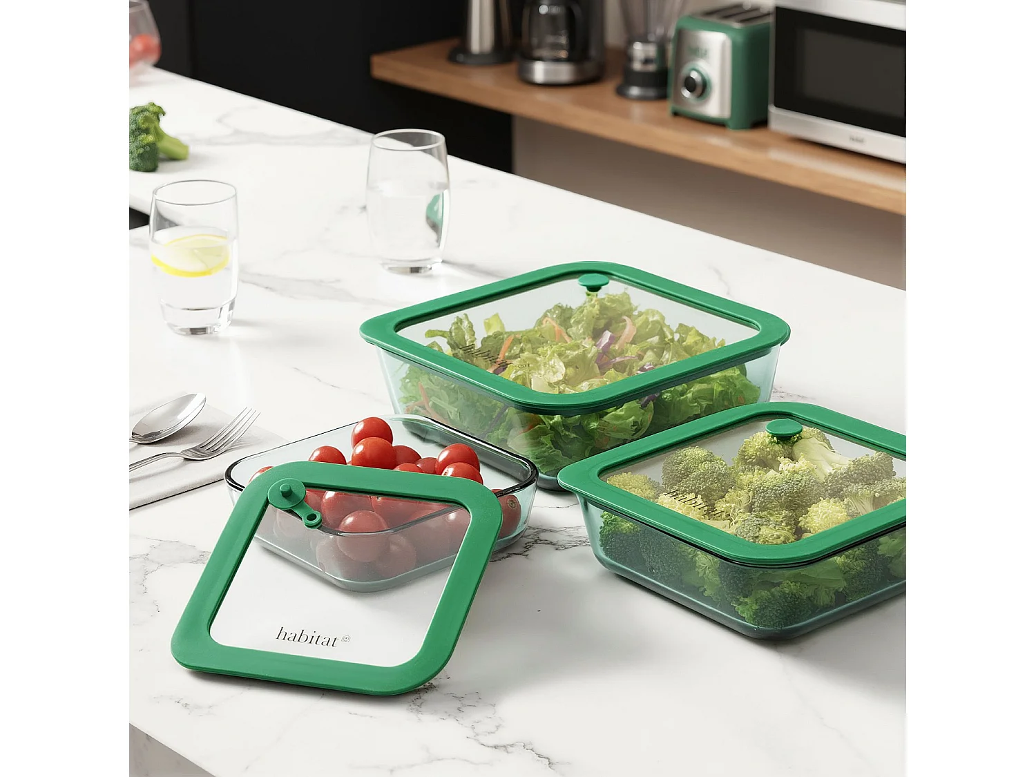 Habitat - Lot de 3 boîtes de conservation carrées en verre avec couvercle transparent et valve - Vert - Aloe