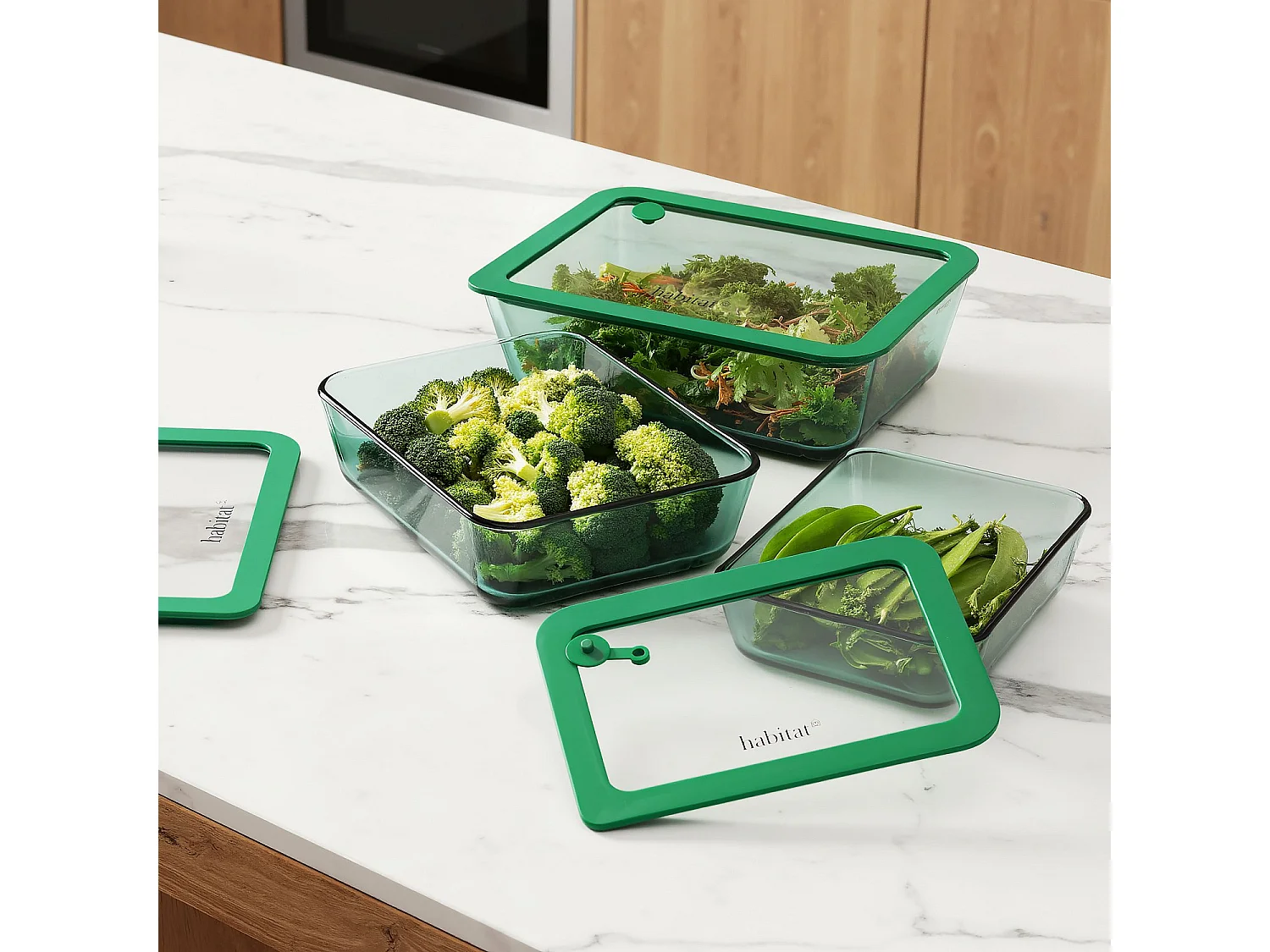 Habitat - Lot de 3 boîtes de conservation rectangulaires en verre avec couvercle transparent et valve - Vert - Aloe